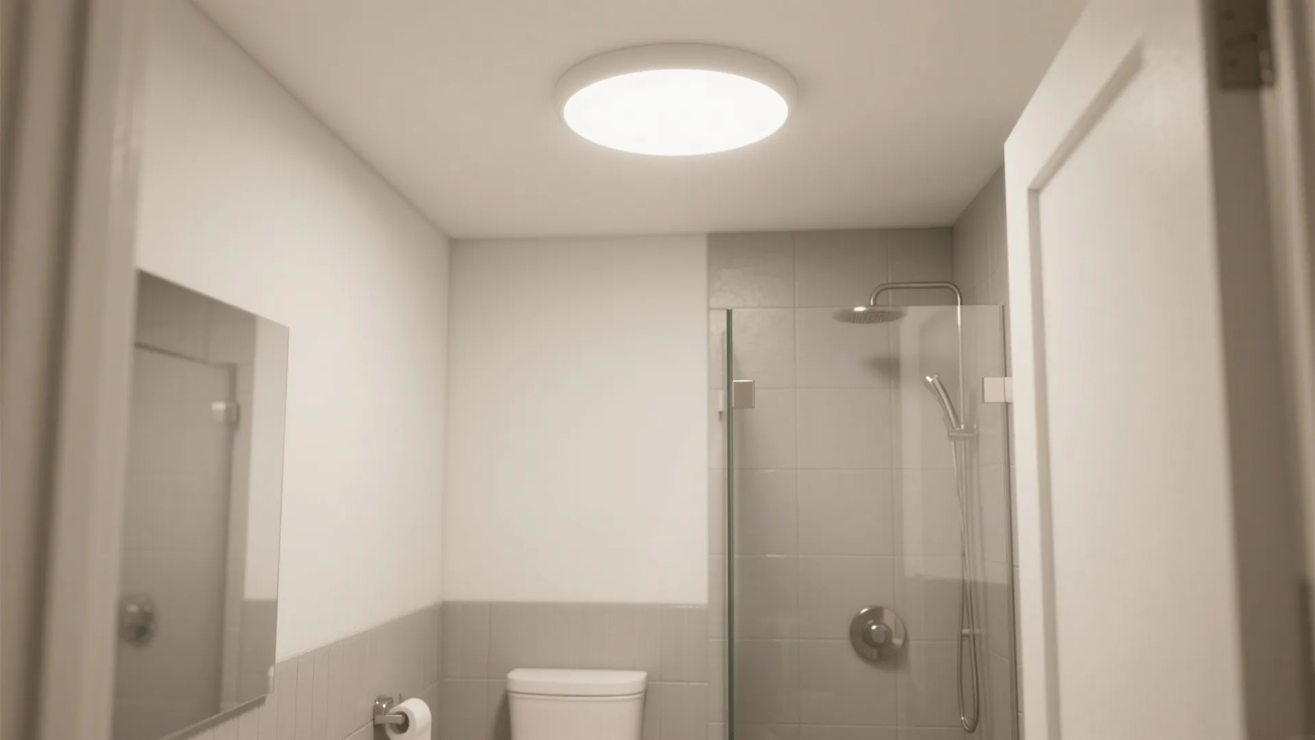 Modern bathroom interior featuring round white ceiling light grey tiles glass shower and white toilet