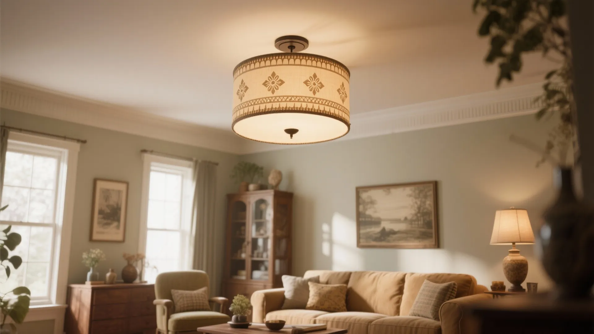 Low ceiling living room with a decorative flush mount light