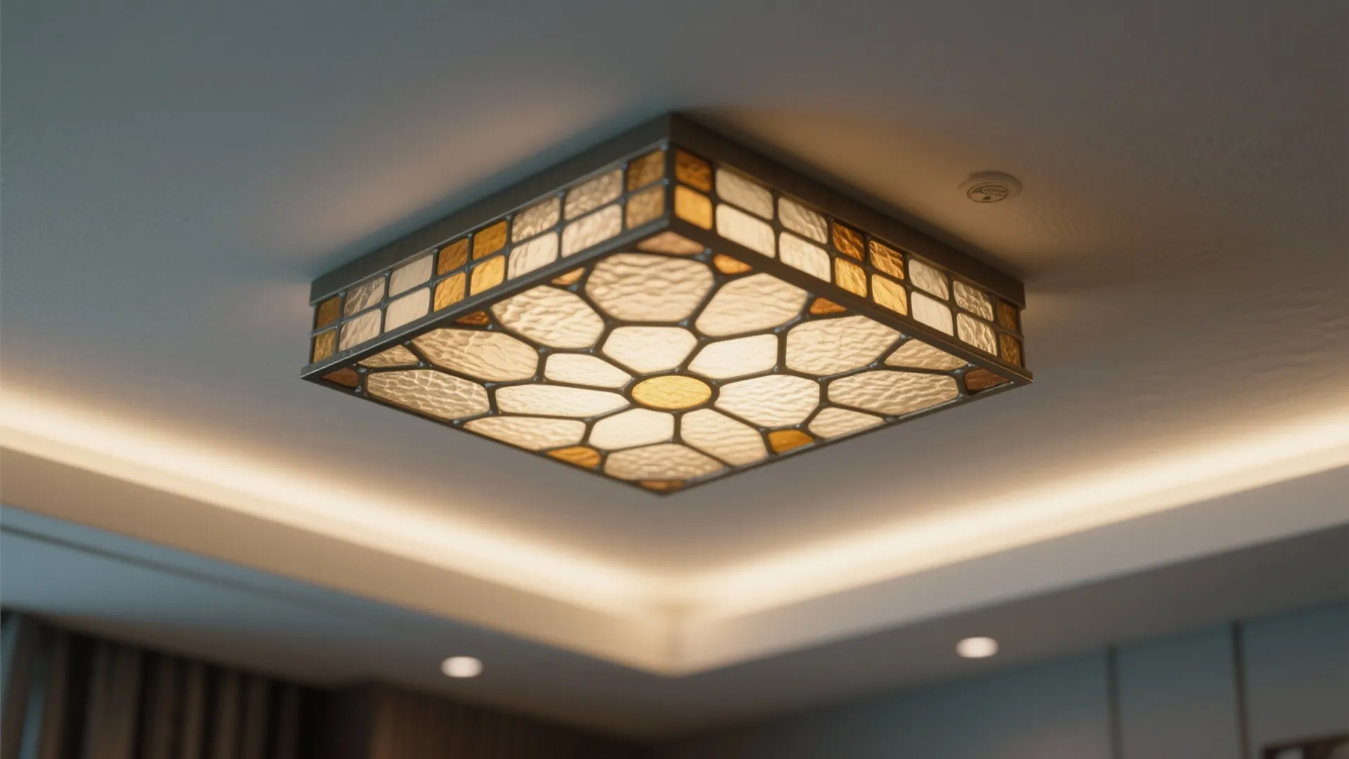 Close-up of a flush-mount fixture with an embedded stained glass panel diffusing warm light in a low-ceiling room.