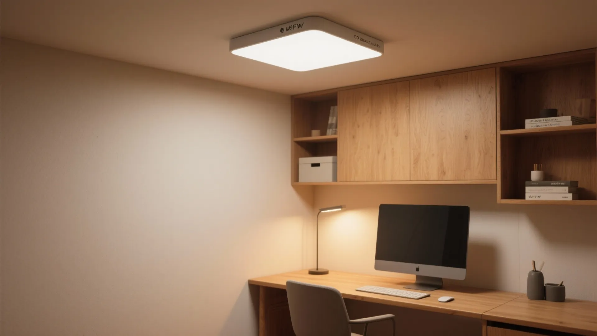 Modern home office with square ceiling light over wooden desk featuring computer and wall cabinet