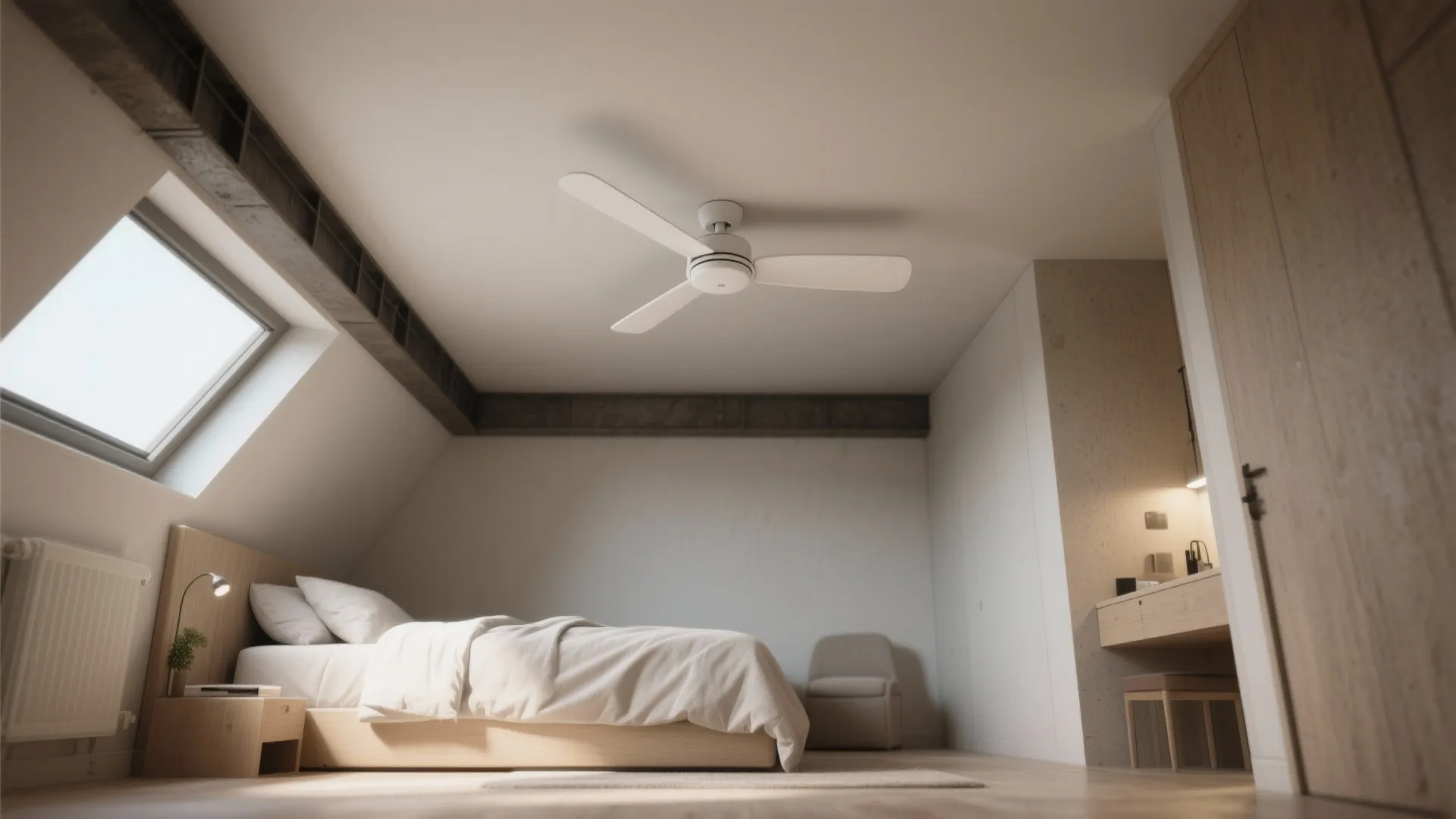 Minimalist attic bedroom design featuring white ceiling fan wooden bed and a large roof window