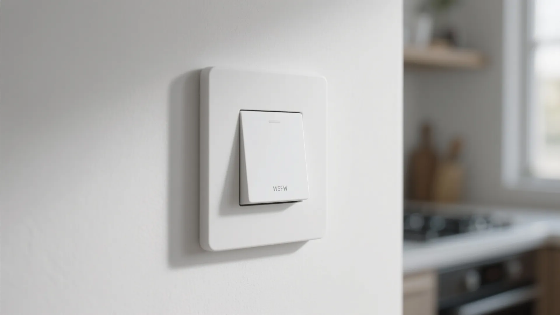 Minimalist white light switch on a plain wall with a blurred modern kitchen in background