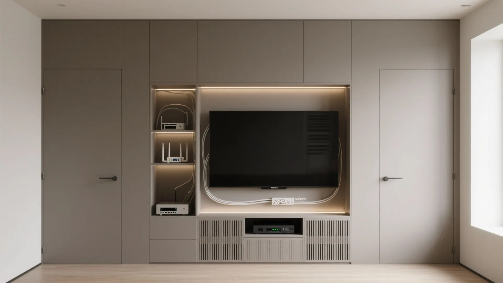 Built-in niche wall with flush doors and media closet