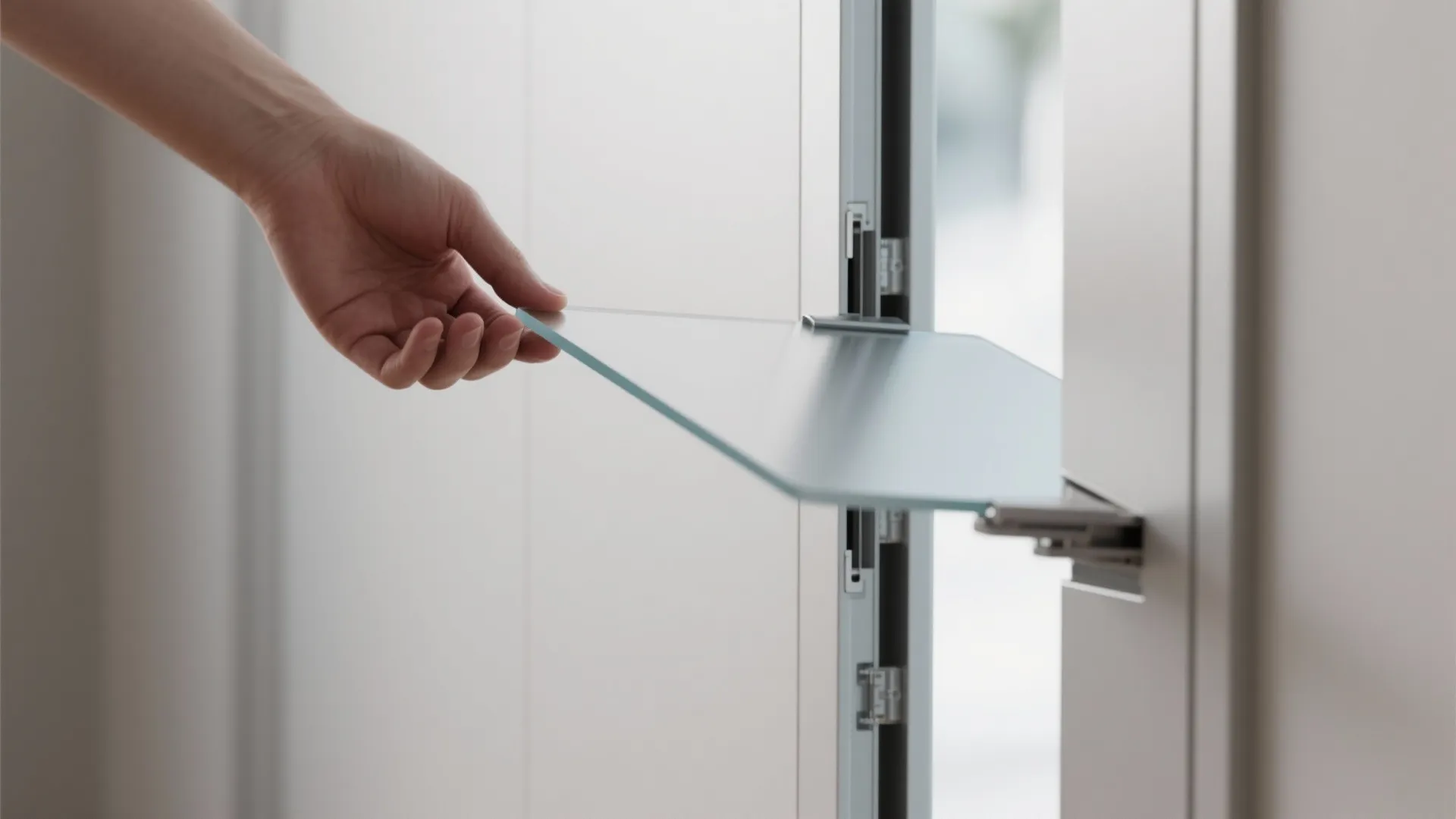 Hand inserting a clear glass panel into a white door frame during a home renovation
