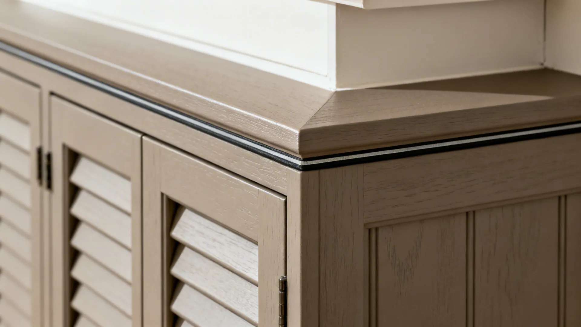 Macro detail of flush chimney panel perfectly aligned with cabinet shutters.