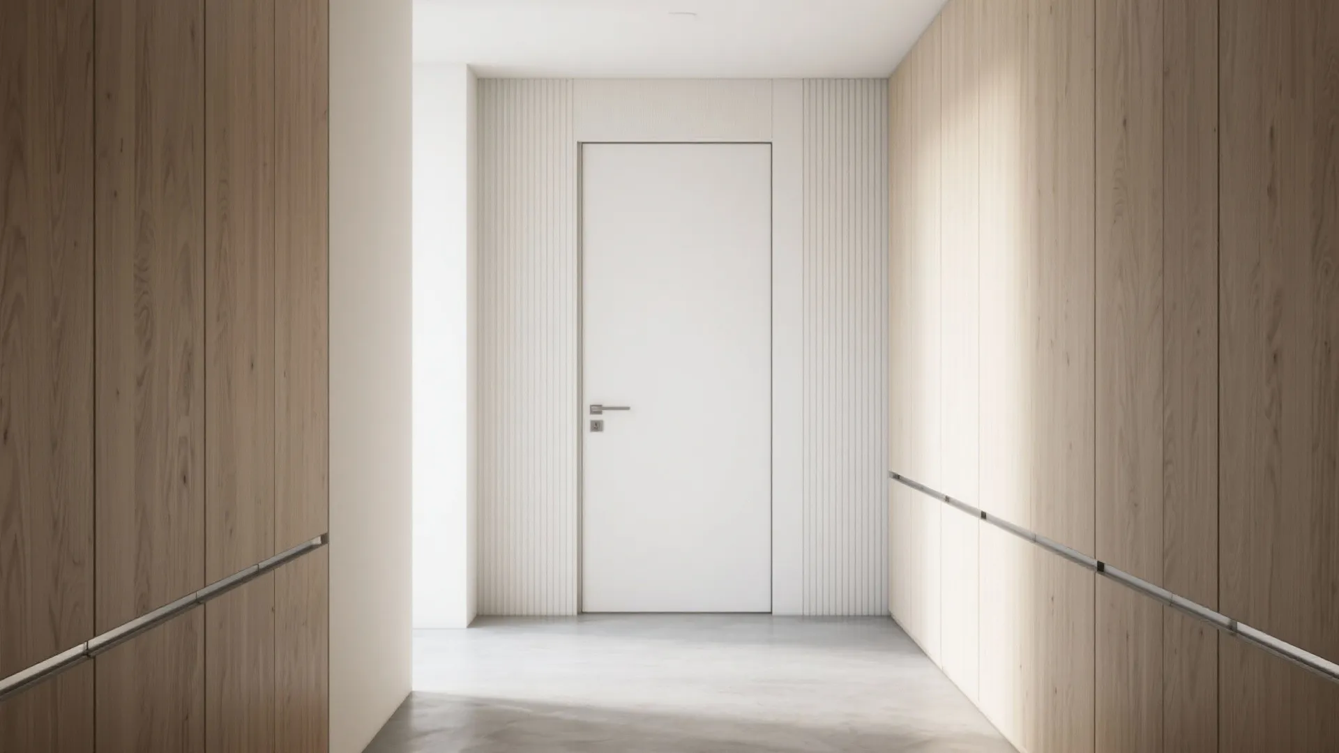 Minimalist white door at end of hallway with wood wall panel and smooth concrete floor
