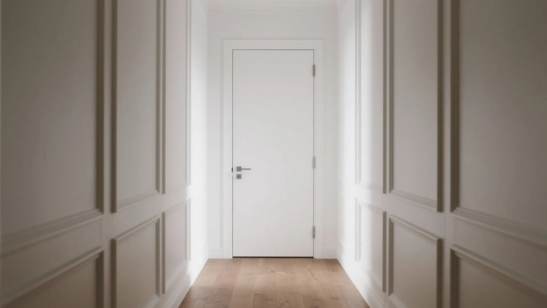 Modern white door in a bright hallway with classic wall panels and wooden floor design