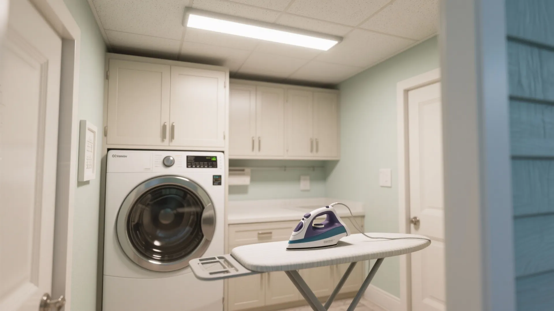 Small coastal laundry with a slim flush-mount LED panel providing even ambient light