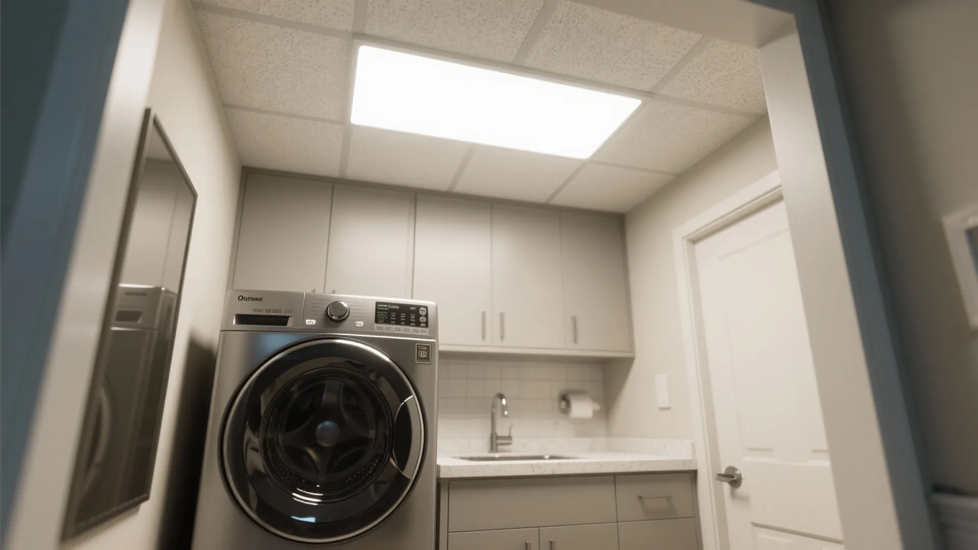 Compact laundry room design with grey cabinets washing machine and a bright square ceiling light