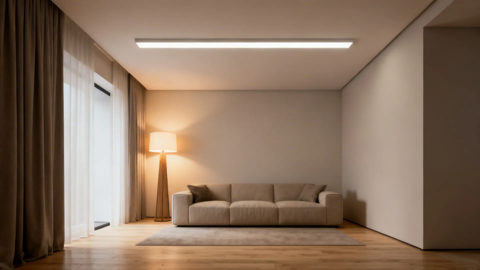 Low-ceiling living room with slim flush-mount LED panel providing broad, even illumination and layered floor lamp.