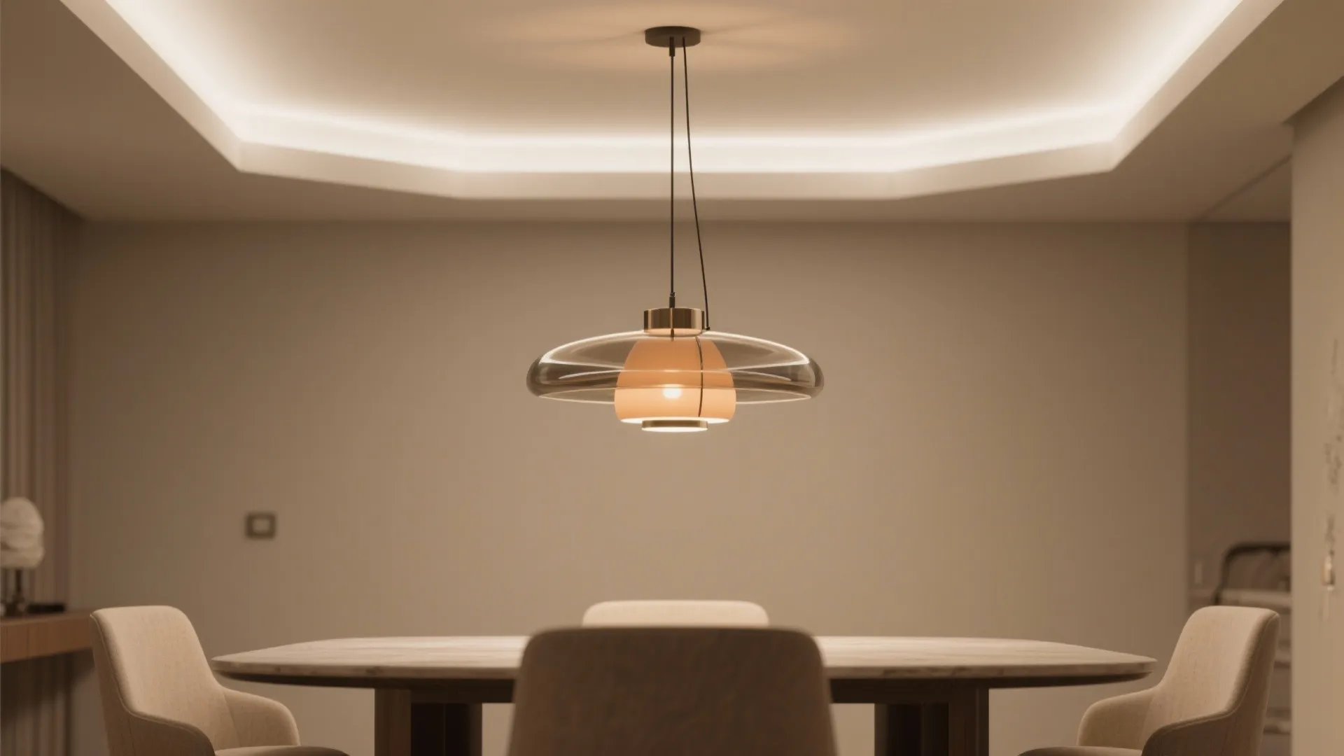 Modern dining room with glass ceiling light above a round table and beige chairs inside