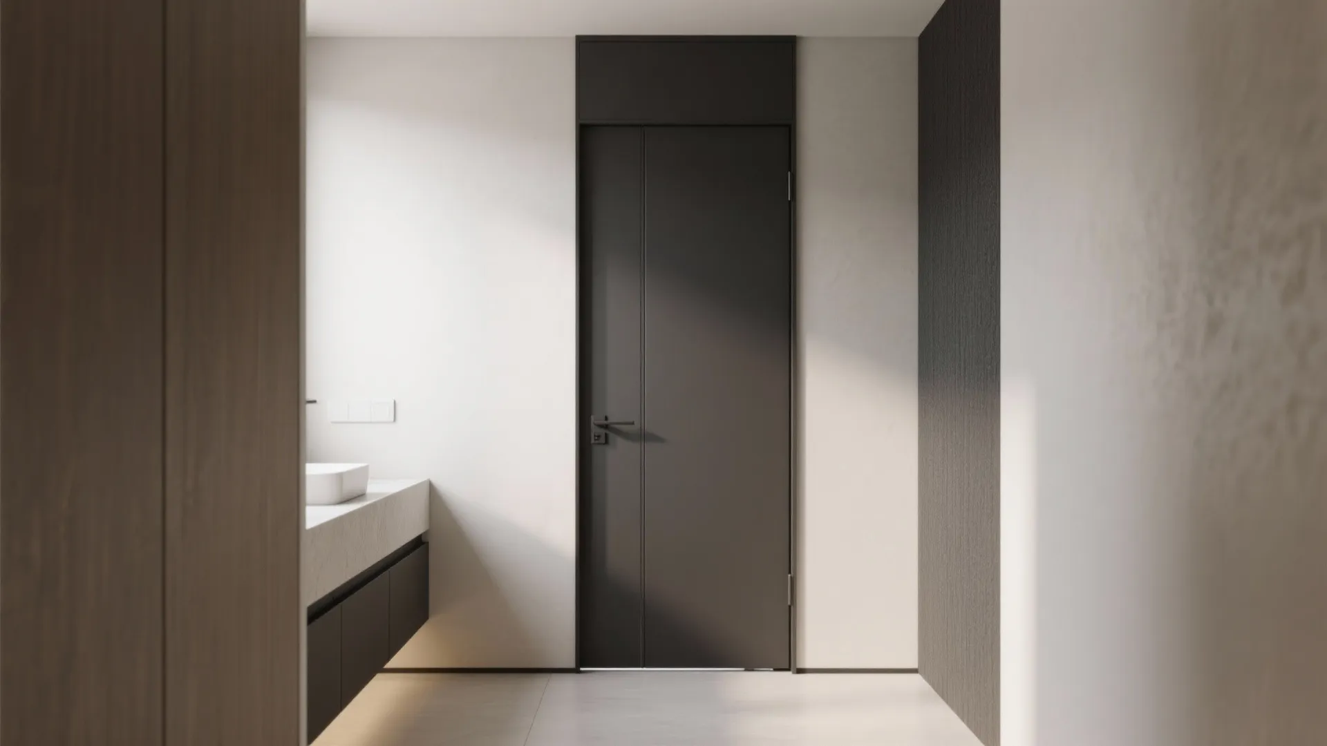 Modern bathroom interior with a tall dark grey door next to a white sink cabinet