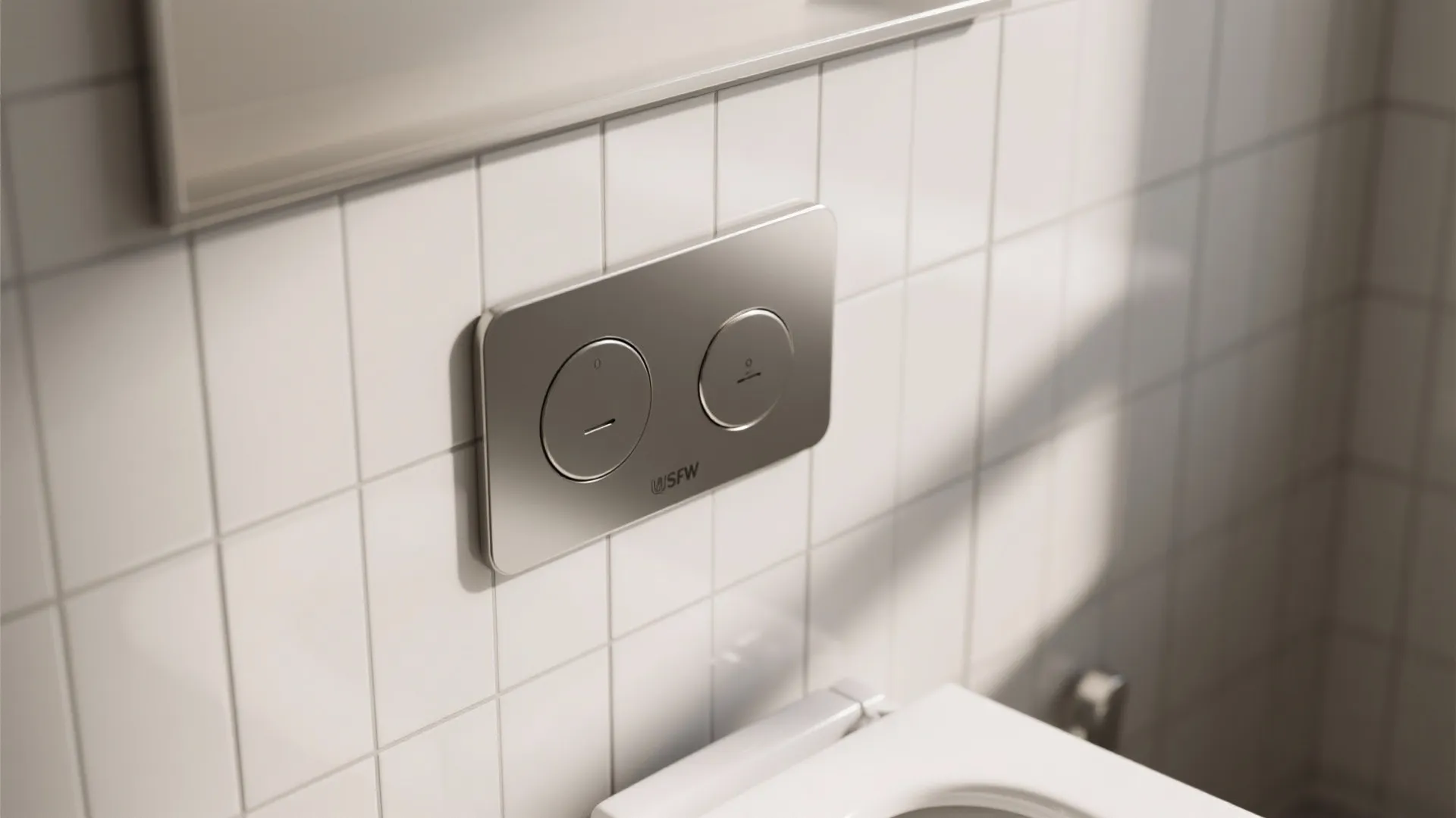 Macro of slim dual-flush plate above a wall-hung toilet with precise tile work