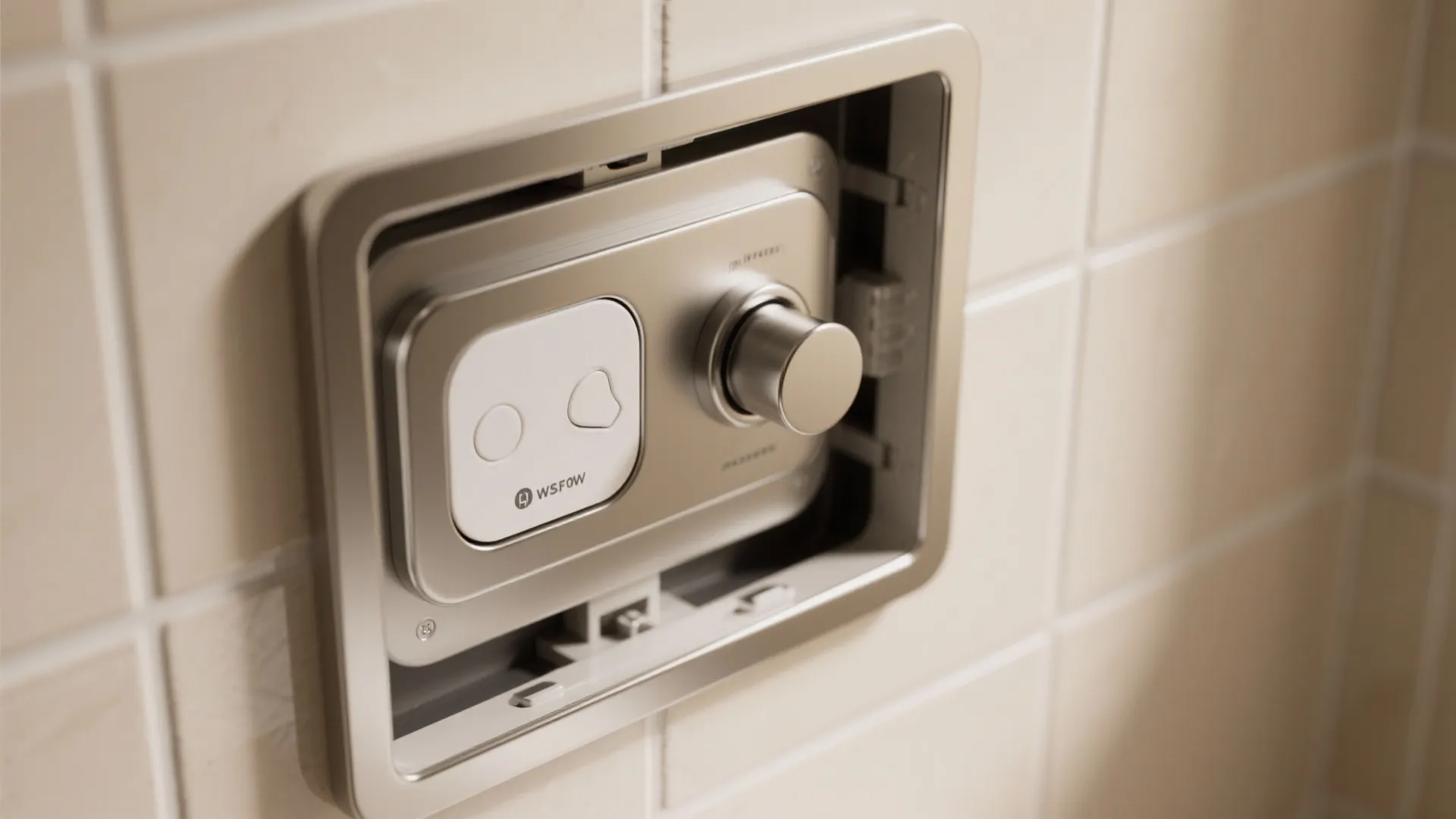 Close up of a metal toilet flush button and control knob mounted on tiled wall