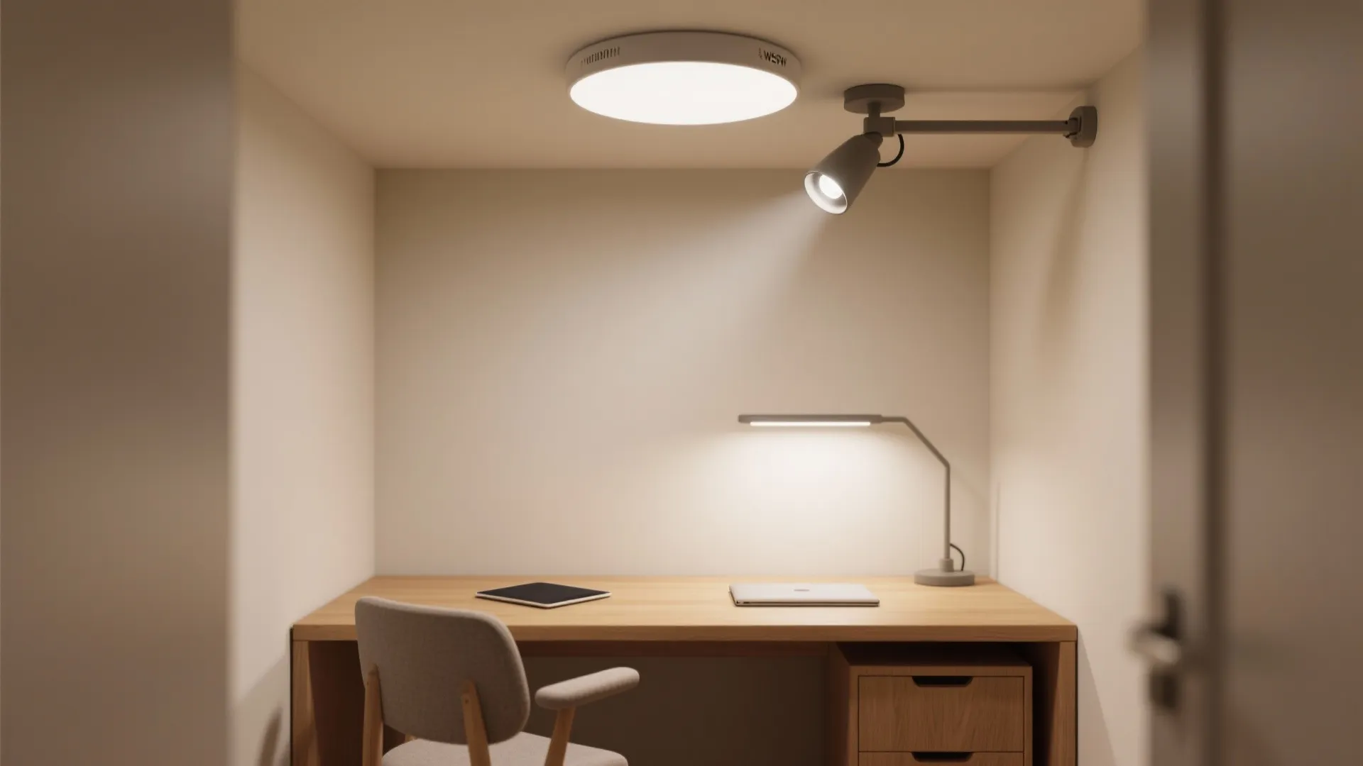 Flush mount ambient light with an adjustable ceiling spotlight aimed precisely at the desk.