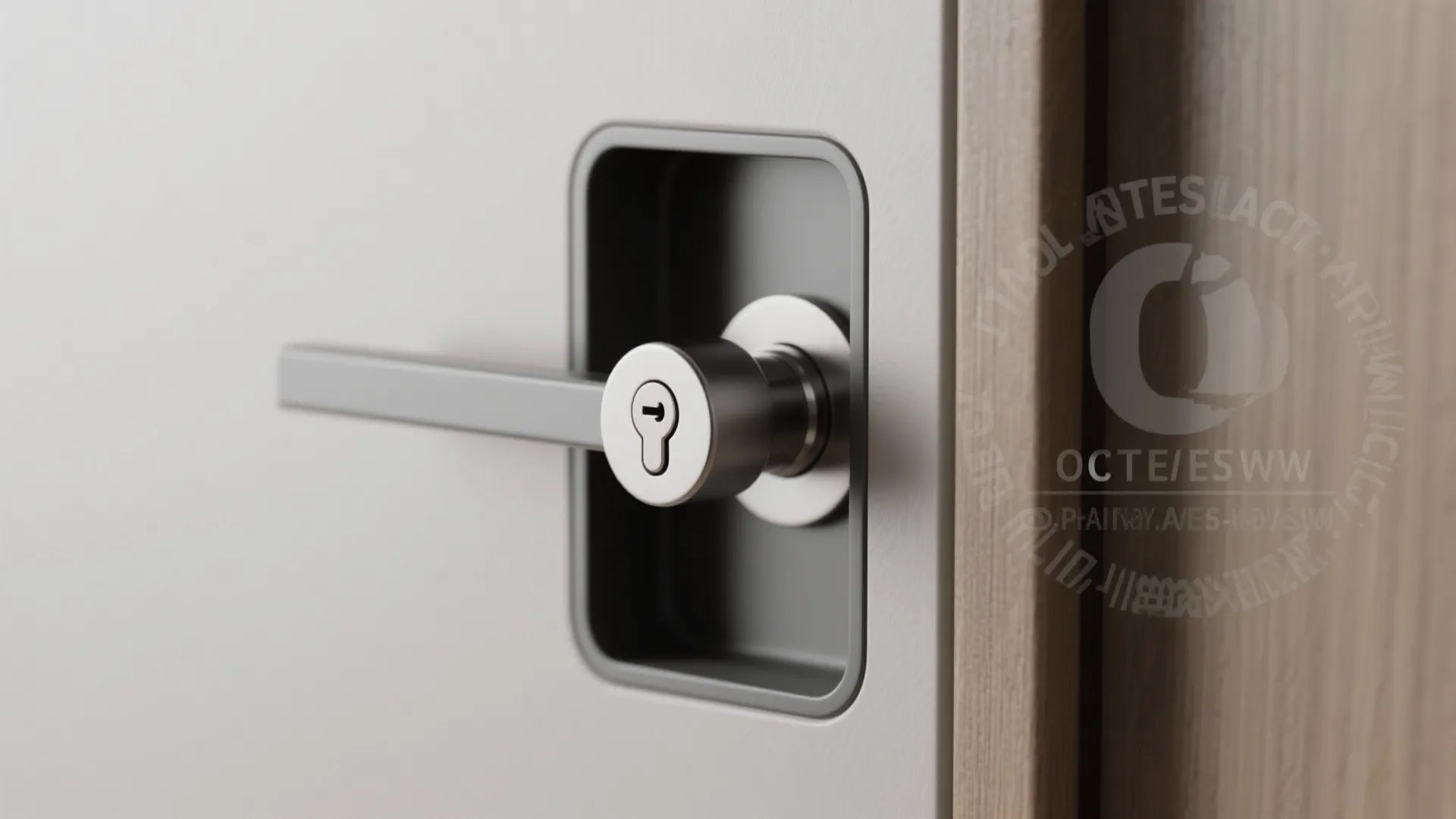 Modern metal door lock with a horizontal handle and keyhole mounted on a white door