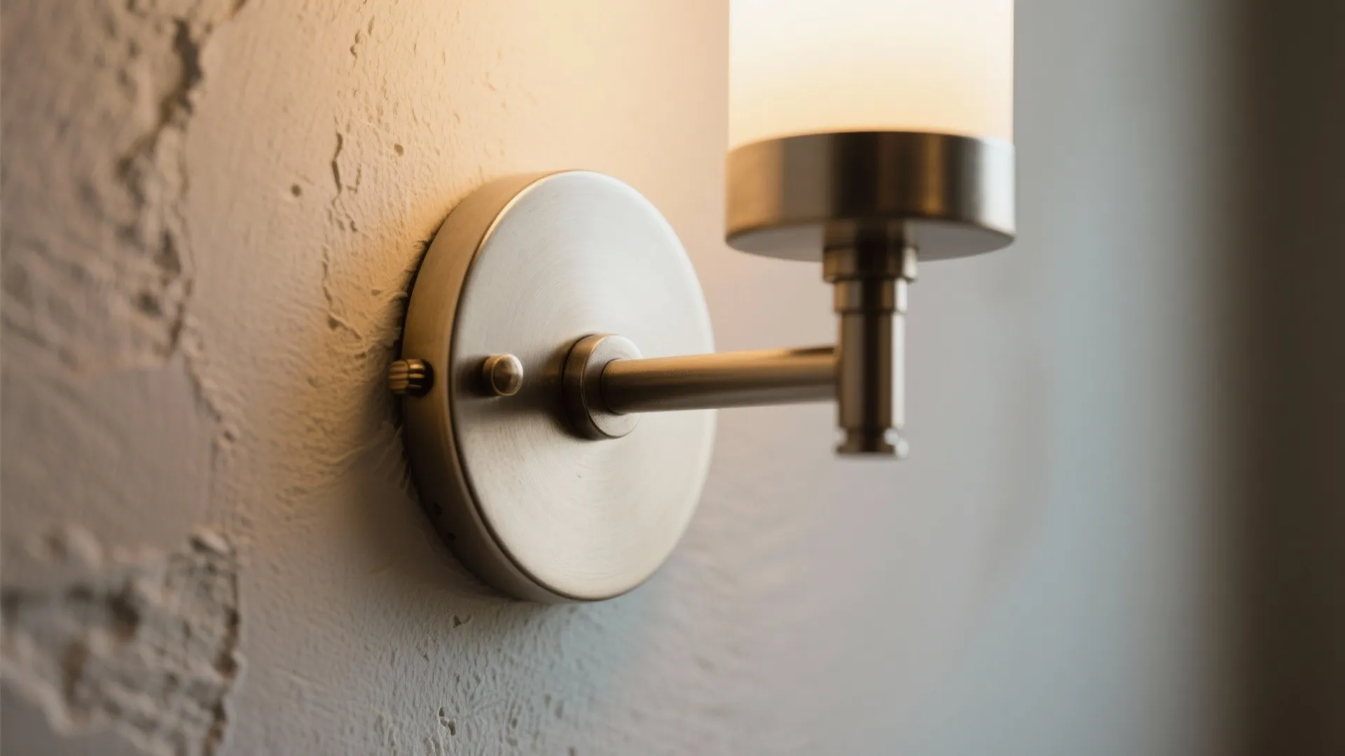 Close up of a modern metal wall light fixture mounted on a white textured wall
