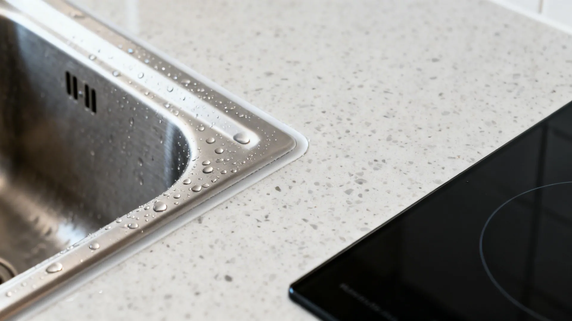 Stainless steel kitchen sink with water drops next to black electric stove on white countertop