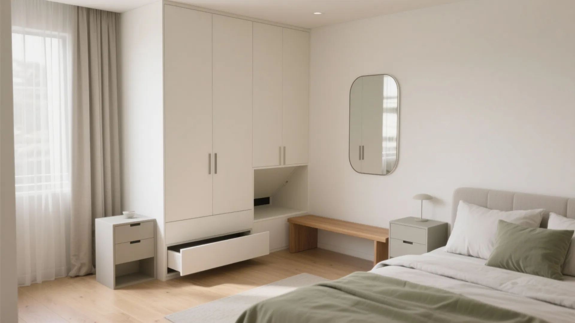 Modern bedroom with white wardrobe, open drawer, wooden bench, wall mirror, bed, and natural light