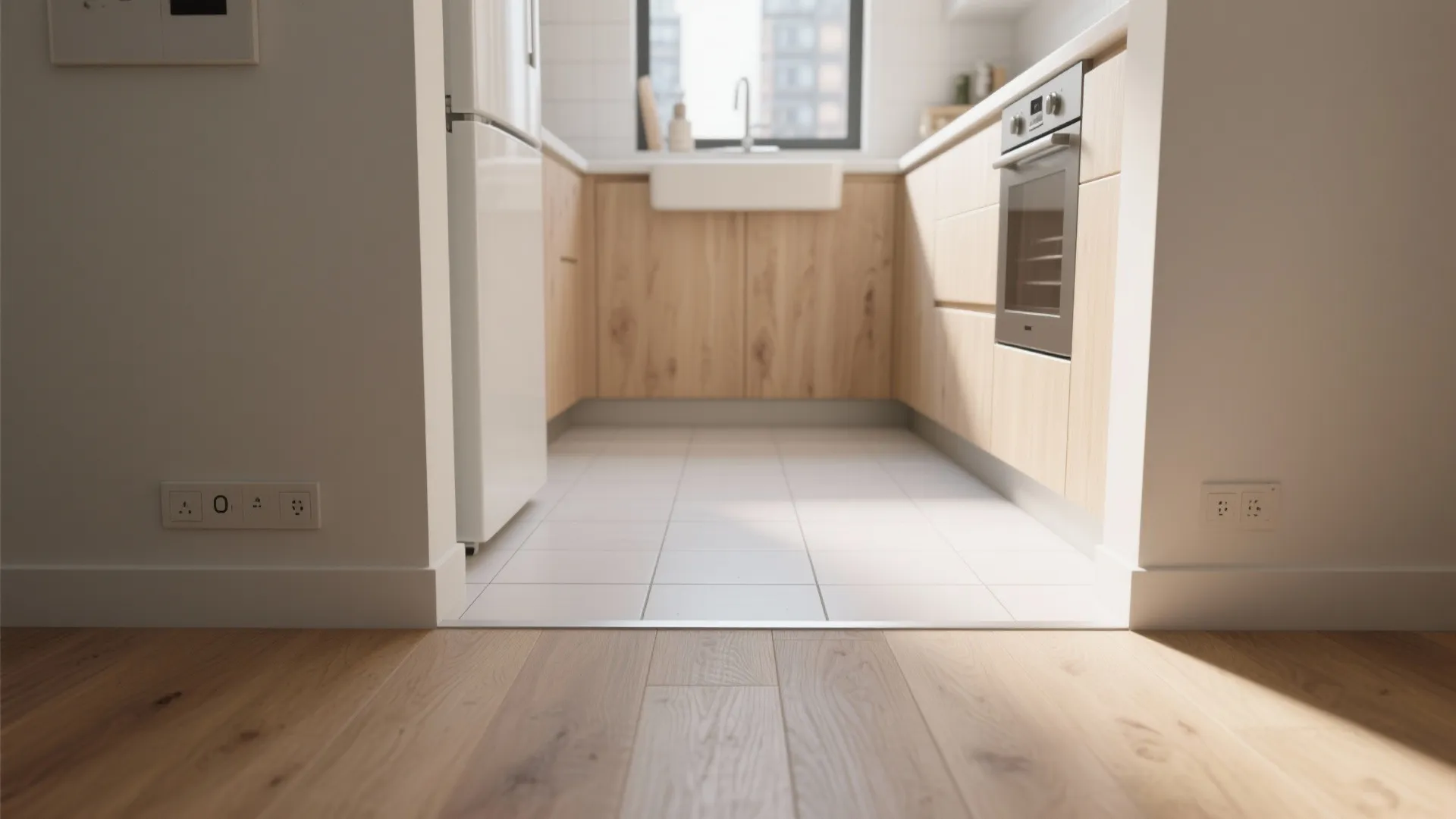 Modern kitchen with wood cabinets and white tile floor transitioning to a room with wood floor