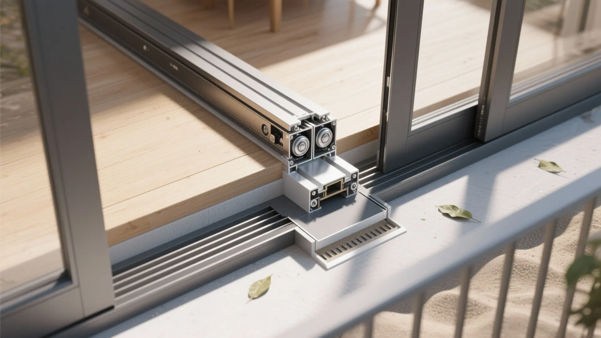 Close up of a sliding door floor track showing smooth transition between wood and balcony