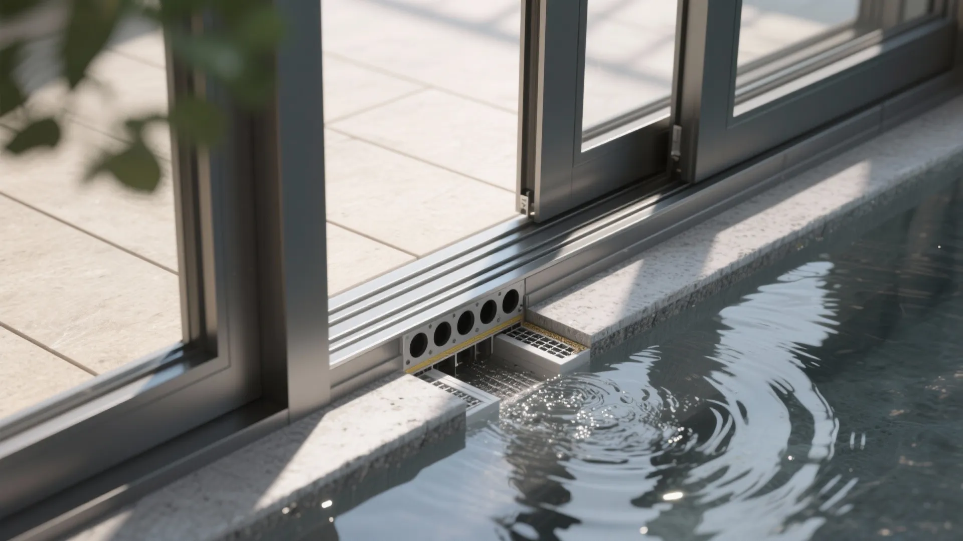 Top-down cutaway of a flush balcony door threshold showing pan, micro-channels, weep paths, and a slight exterior slope for drainage.