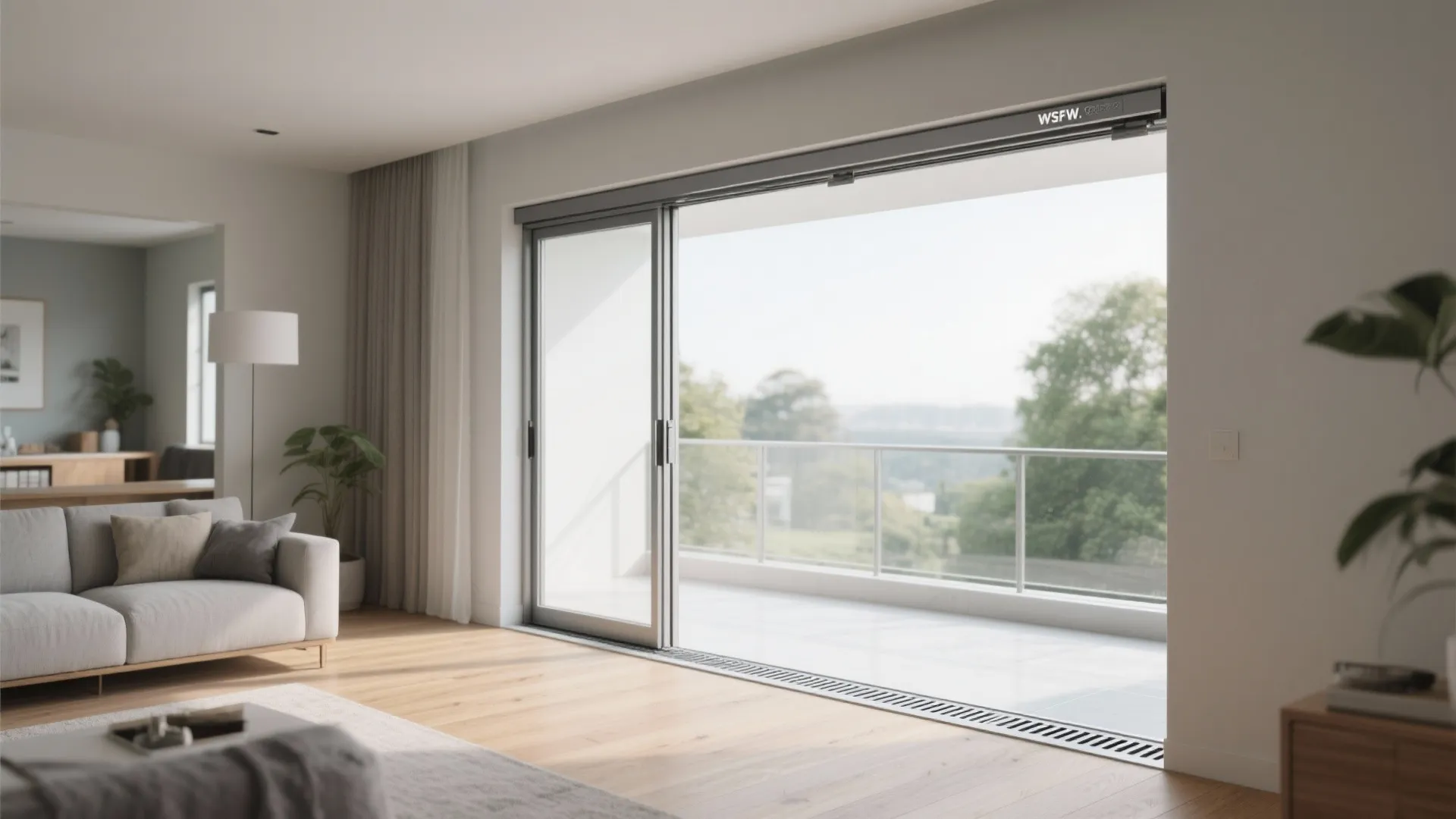 Bright living room with open sliding glass doors leading to a balcony with floor level track