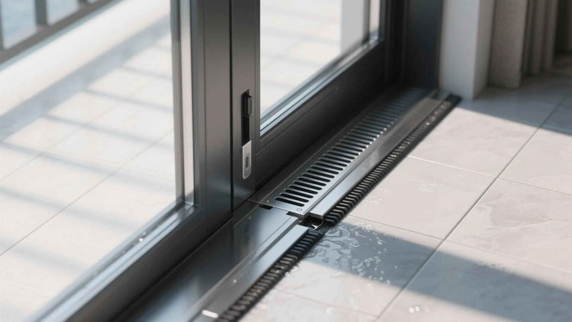 Close up of a sliding glass door with a built in metal floor drainage system