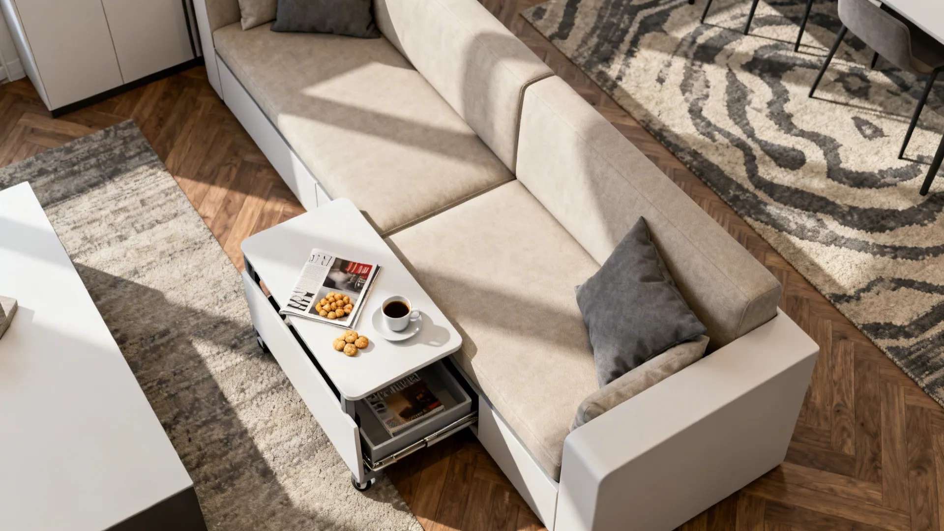 Top-down view of nesting tables flush to a narrow sofa with a smaller table used as a mobile tray