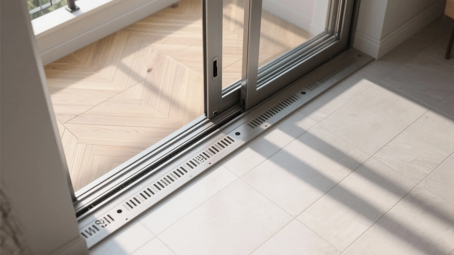 Sliding glass door with silver metal floor track connecting wood balcony and light colored tile