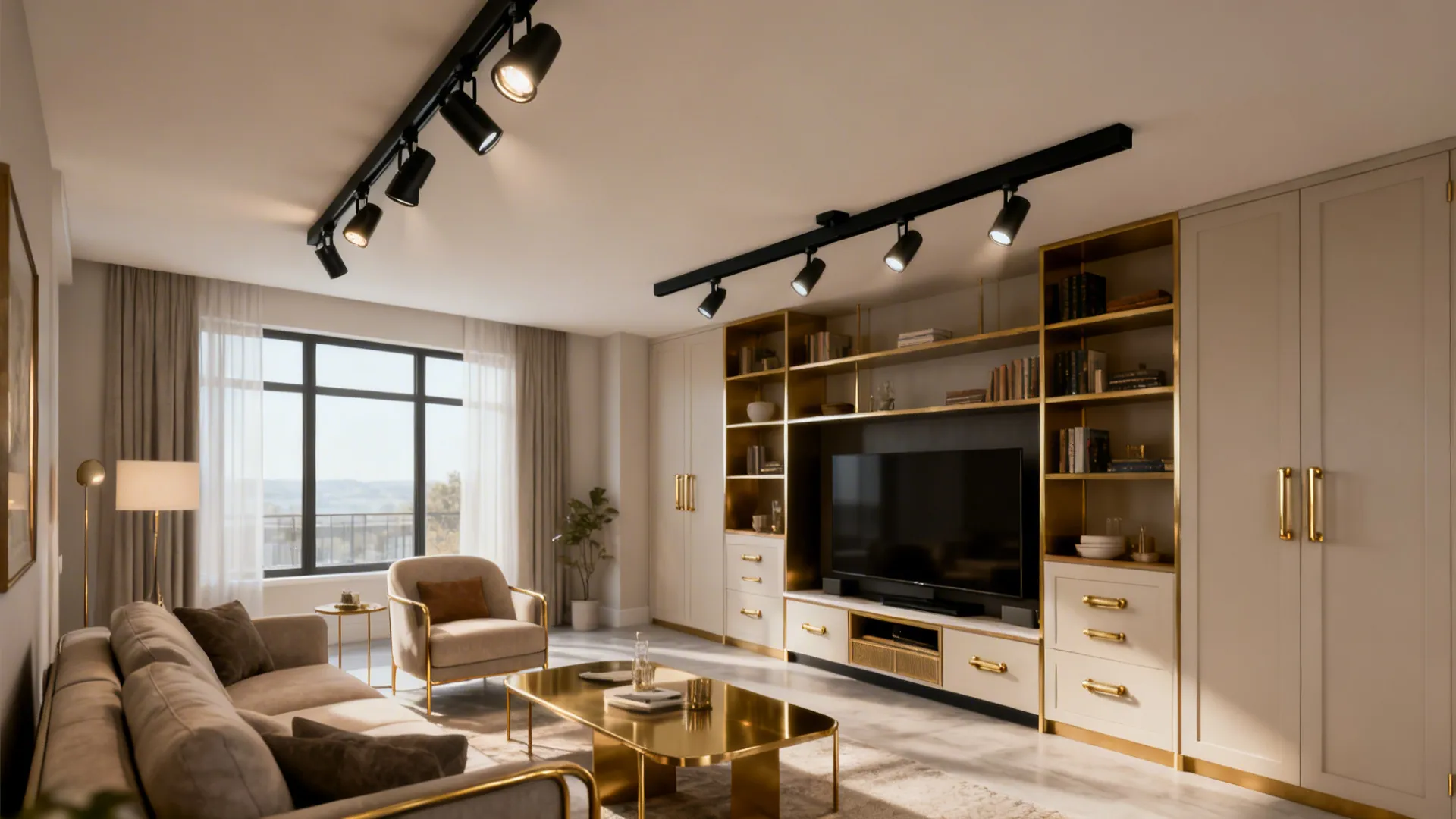 Flush-mount track lighting in matte black aimed to define zones within a small open-plan living area.