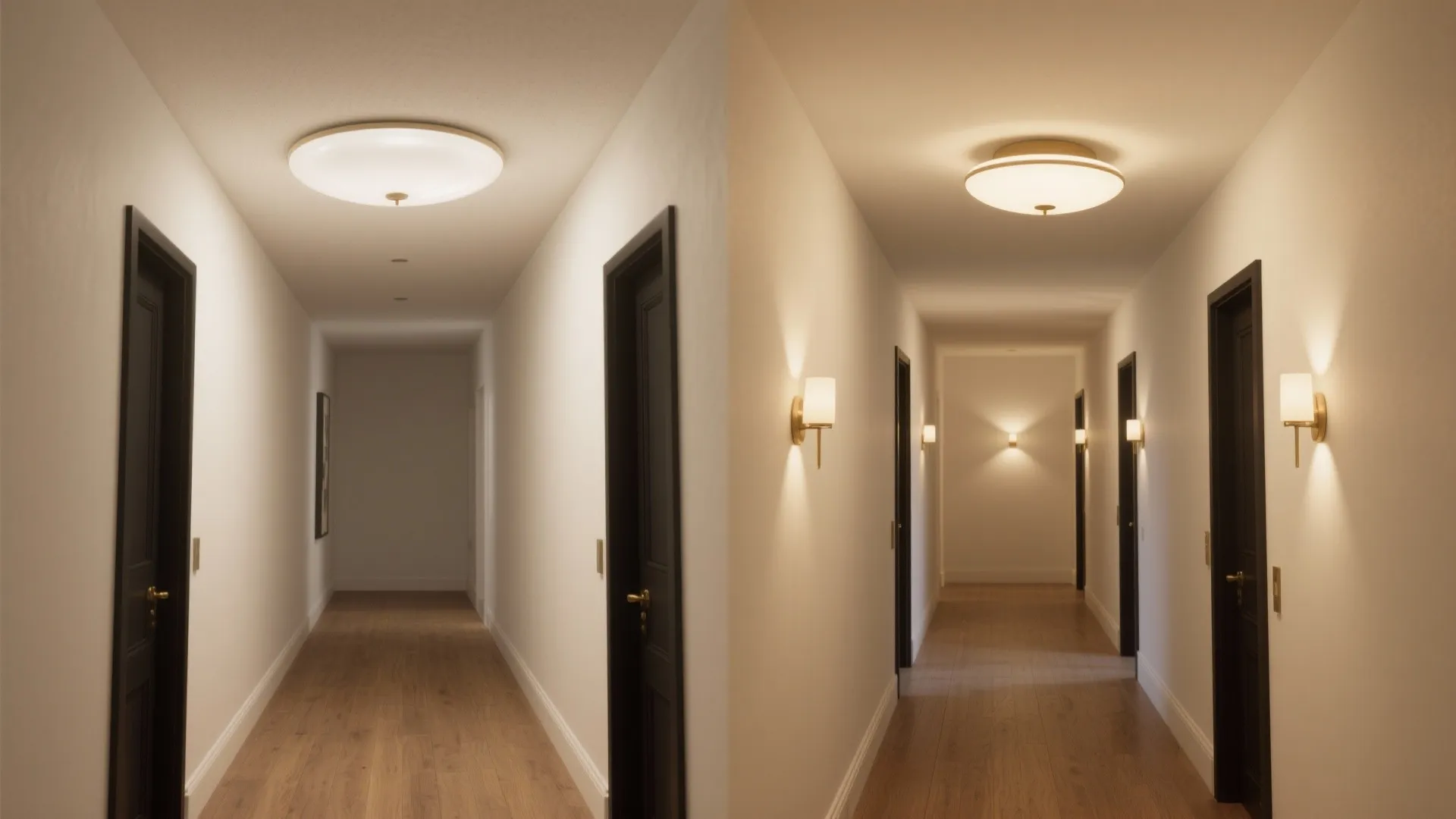 Side by side hallway comparison showing different ceiling light styles with white walls and doors