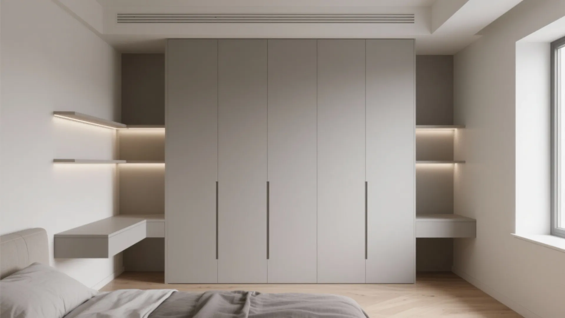 Modern grey built-in wardrobe in bedroom with wall shelves, bedside table, bed, and wooden flooring