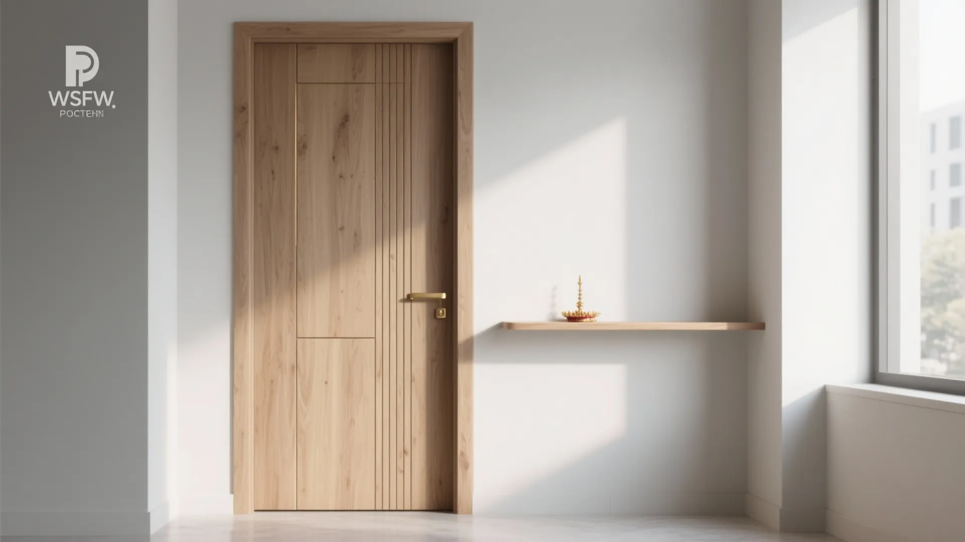 Modern light wood door with gold handle beside a simple wall shelf in bright room