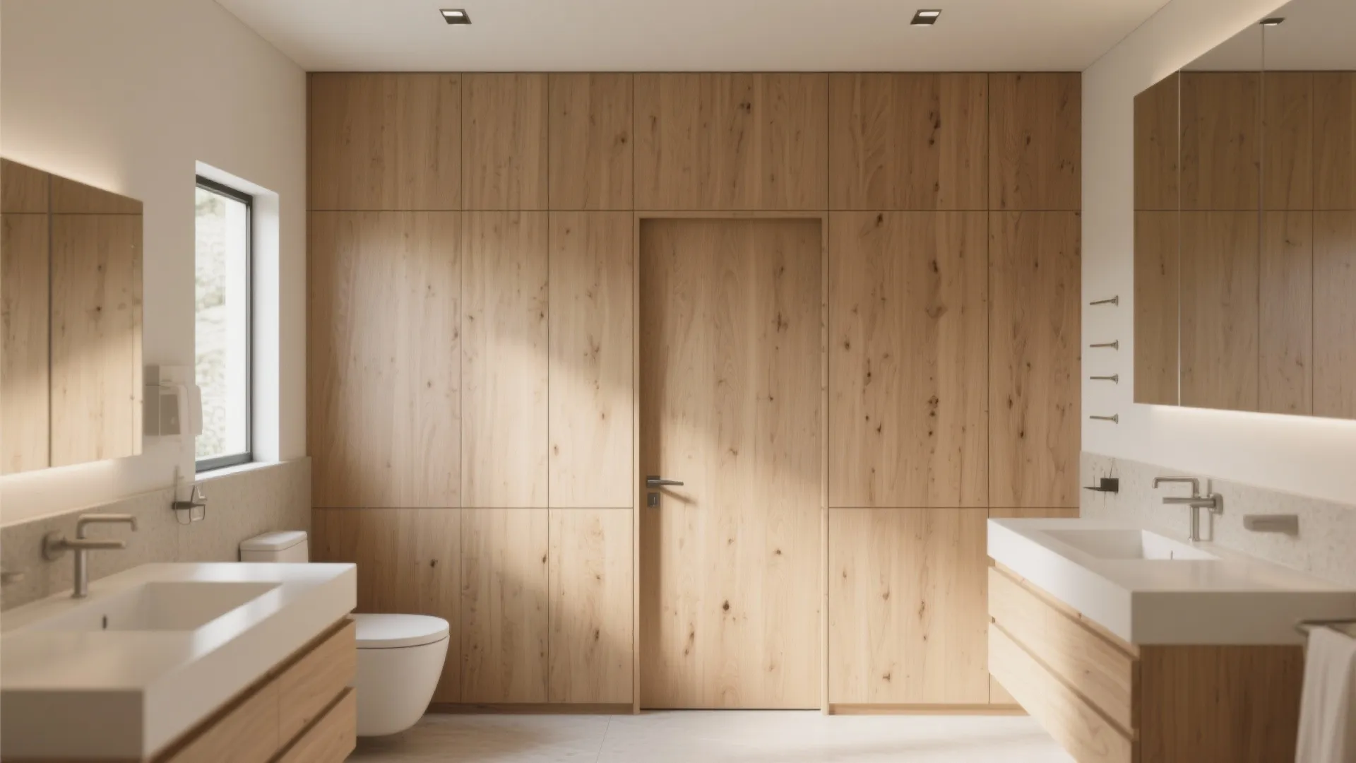 Modern bathroom with wood wall panels hidden door two white sinks and large bright mirror