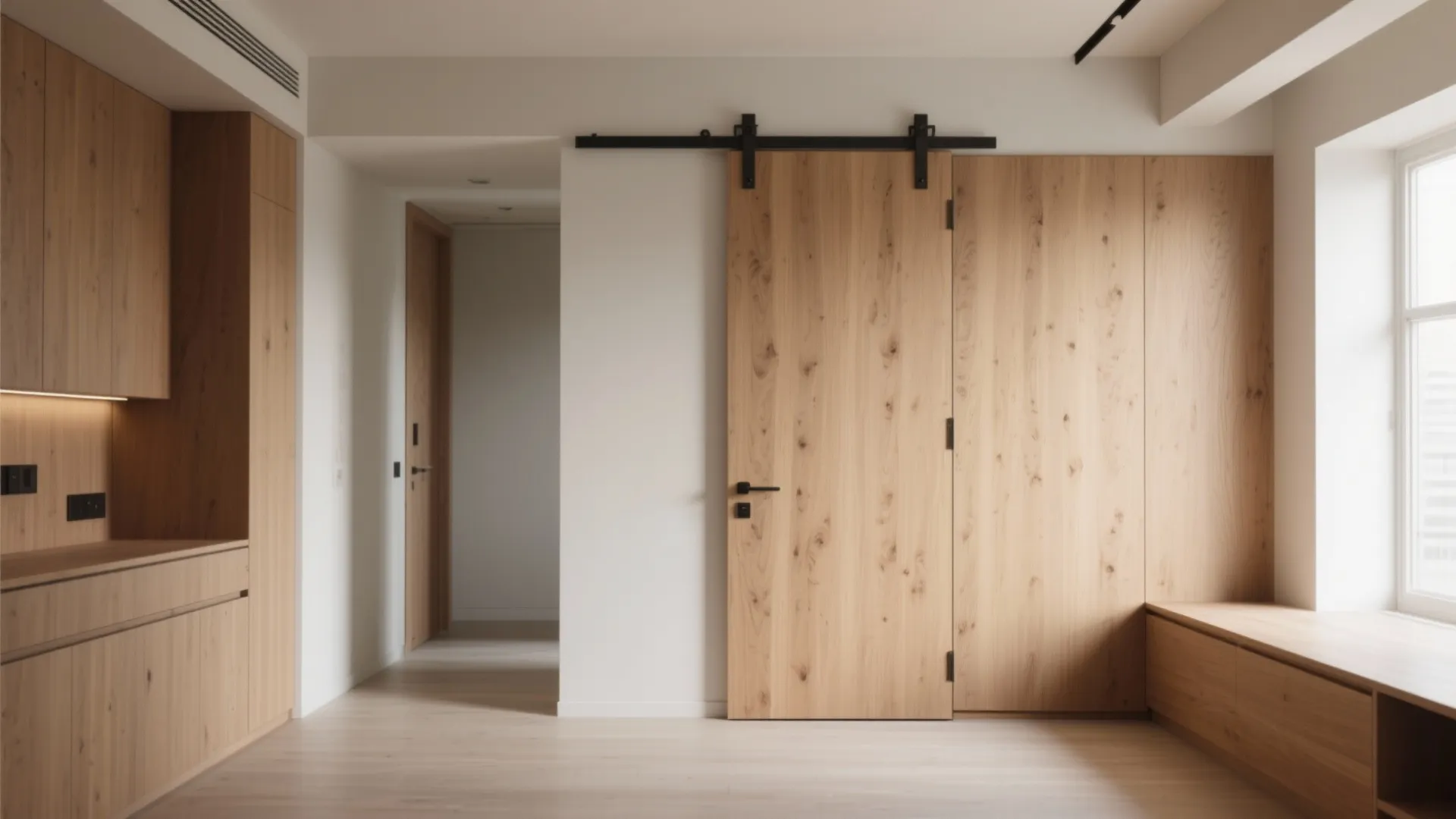 Modern room with light wood wall panel matching sliding door built in cabinets and large windows