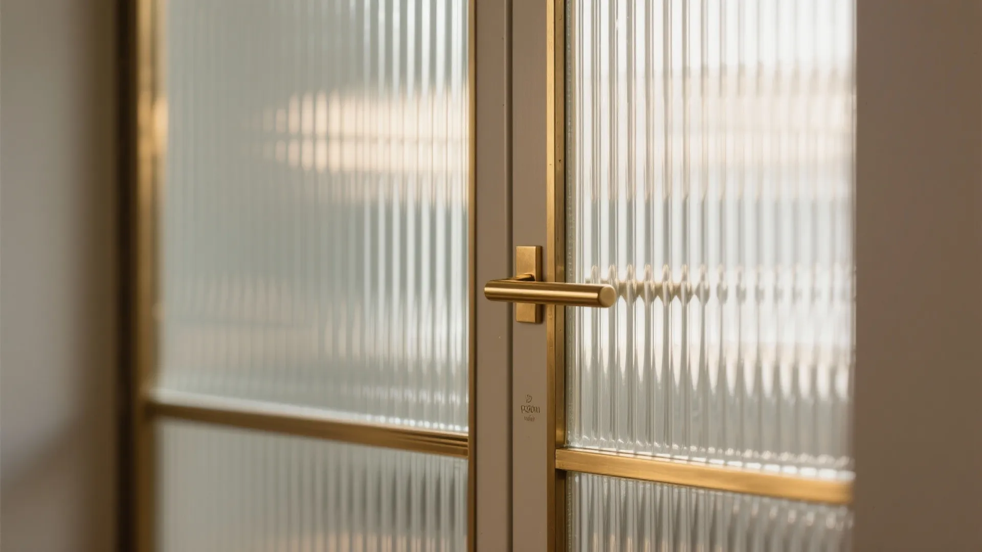 Close up of a modern glass door with gold handle and vertical ribbed glass pattern