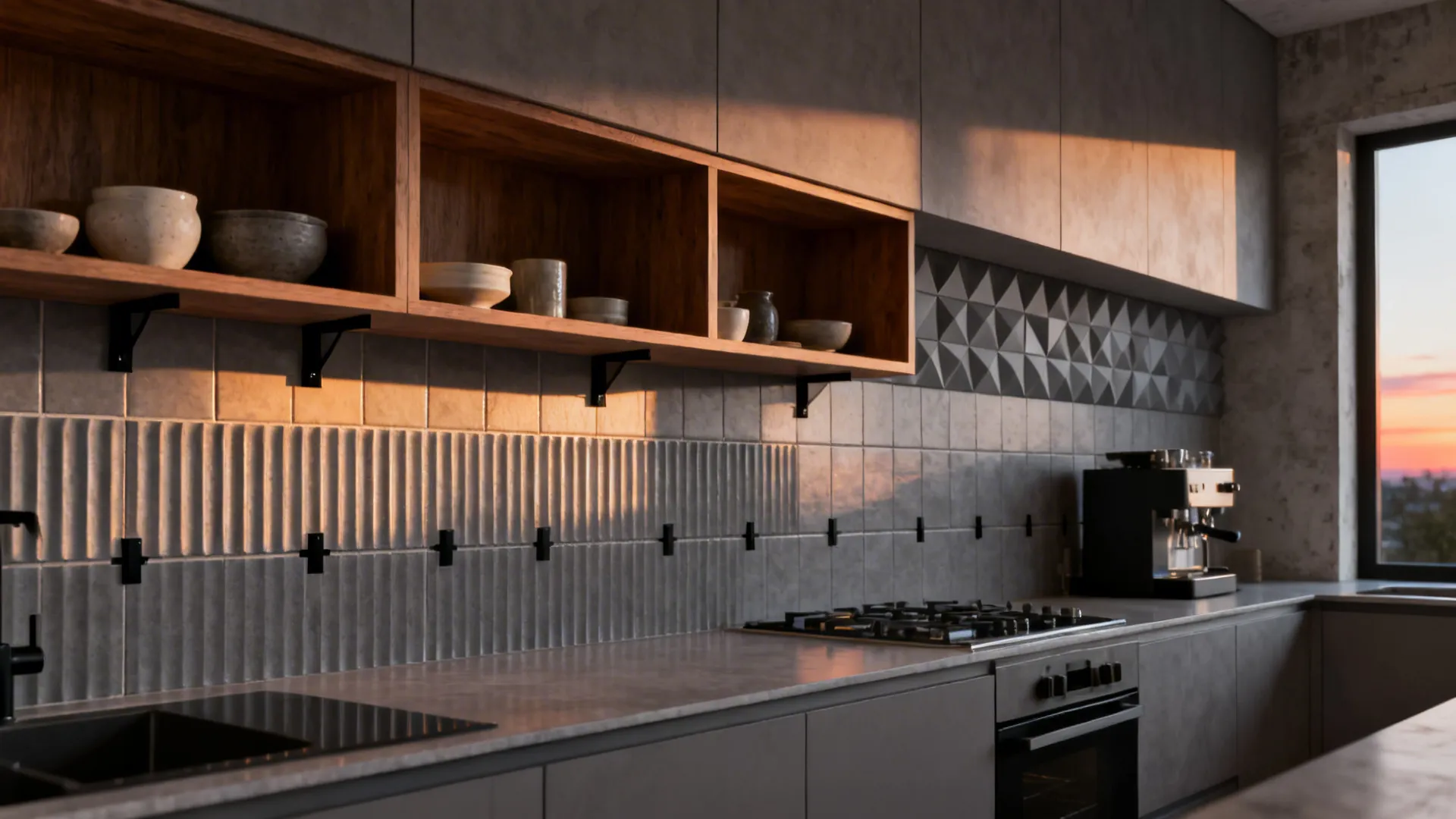 Fluted grey tiles behind open shelves with dusk light and a 3D tile accent at a coffee station.