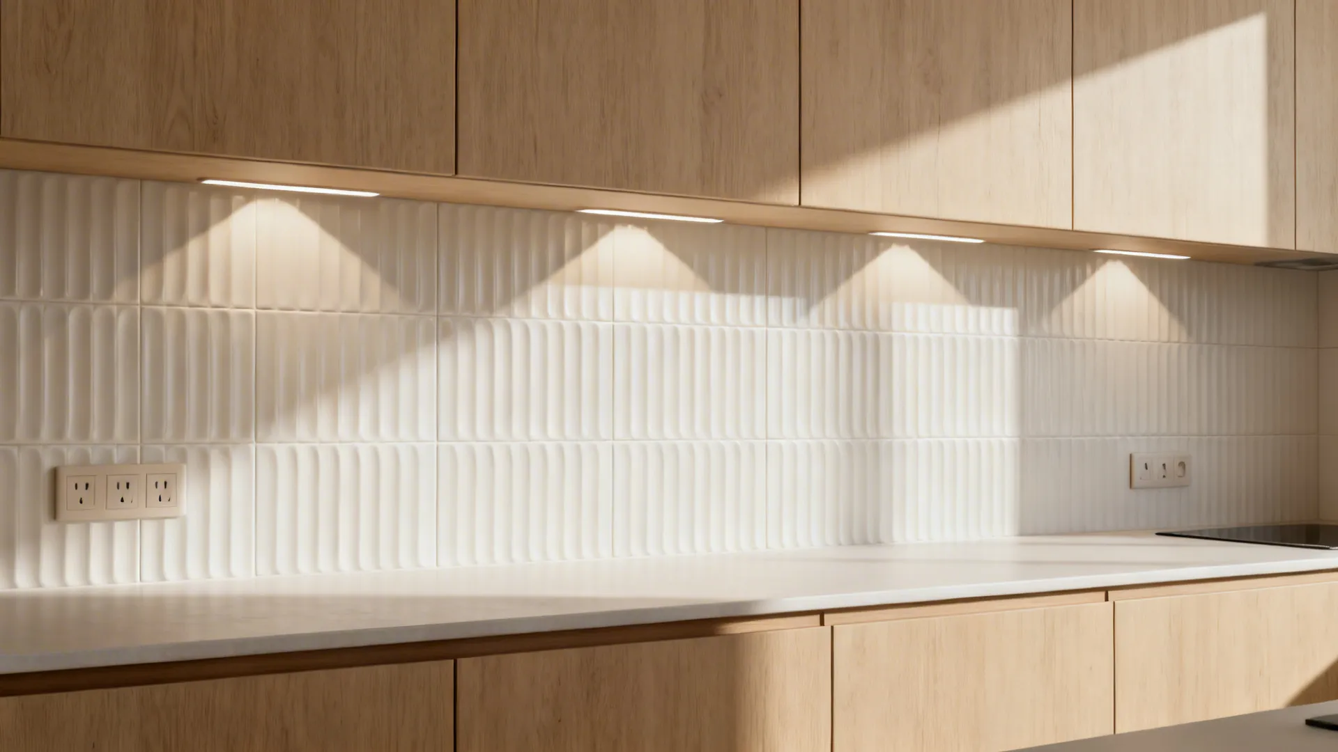 Tone-on-tone fluted 3D backsplash with soft shadows in a minimalist kitchen.