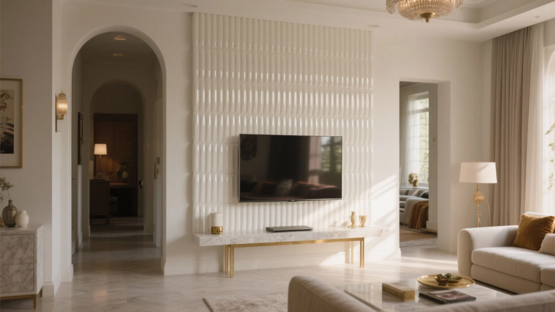 Glossy fluted and 3D tiles to bounce light