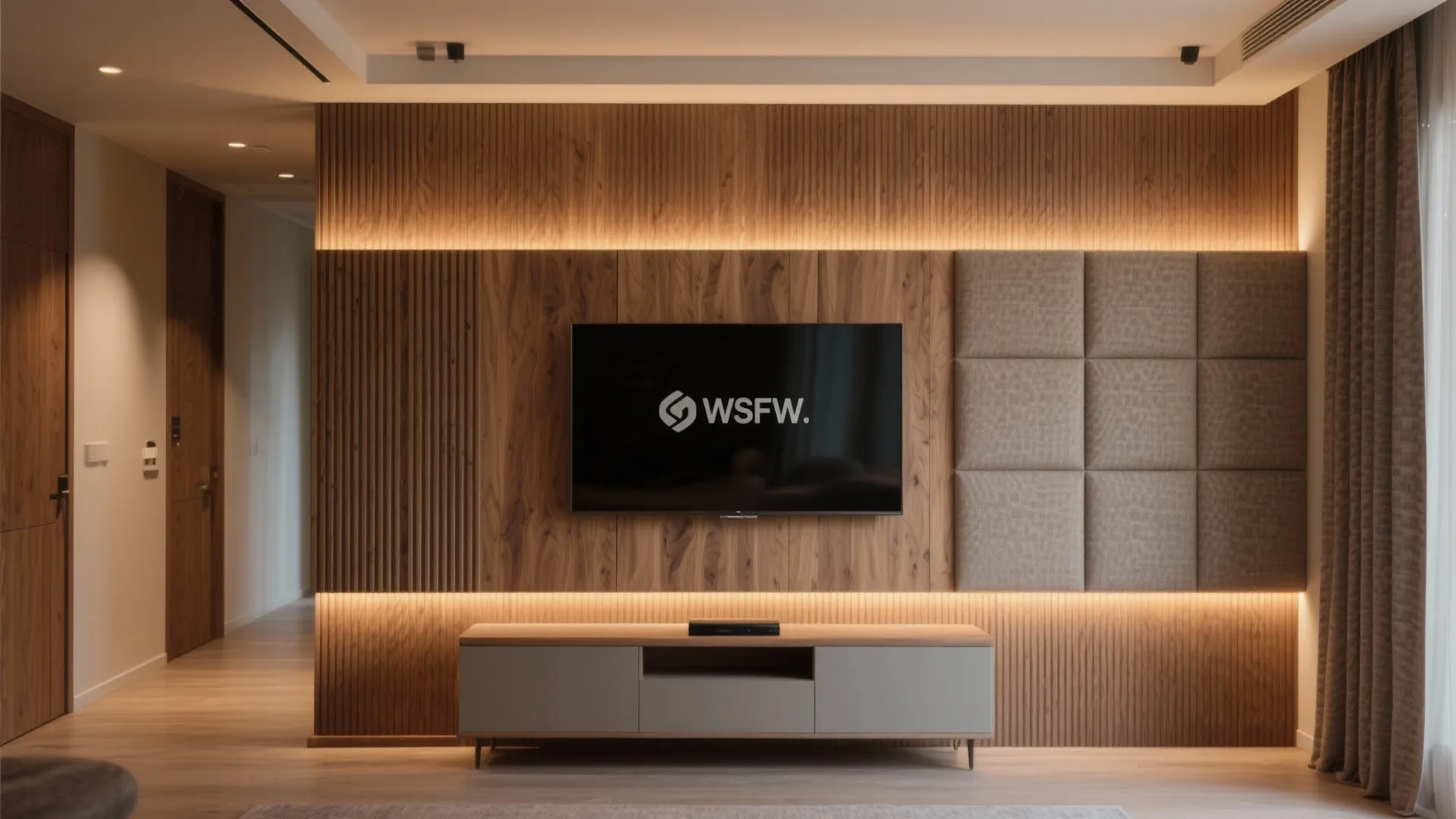 Textured backdrop: fluted wood or fabric acoustic panels