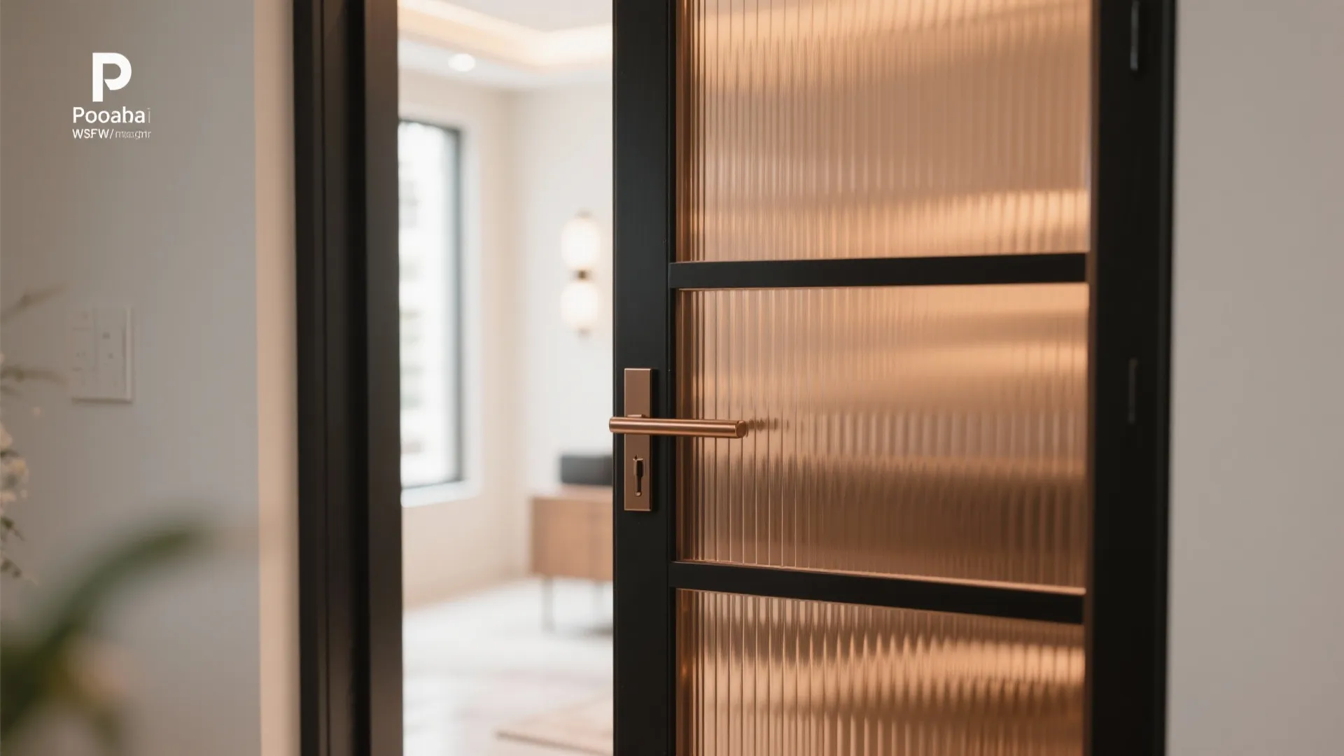 Metal-framed pooja door with bronze fluted acrylic panels blurring the view softly.