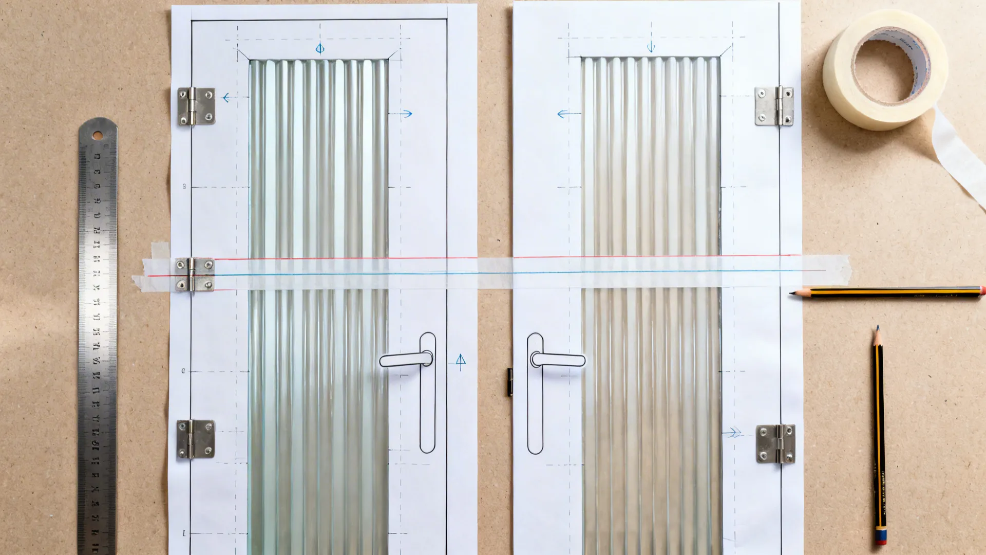 Top-down planning layout with templates and tools for aligning vertical fluted bands across cabinet doors.