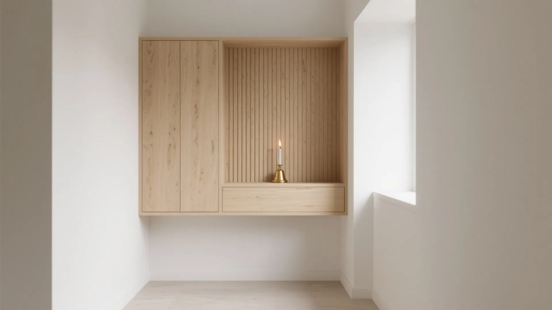 Minimalist wooden wall cabinet with a candle holder and vertical wall panel in white room
