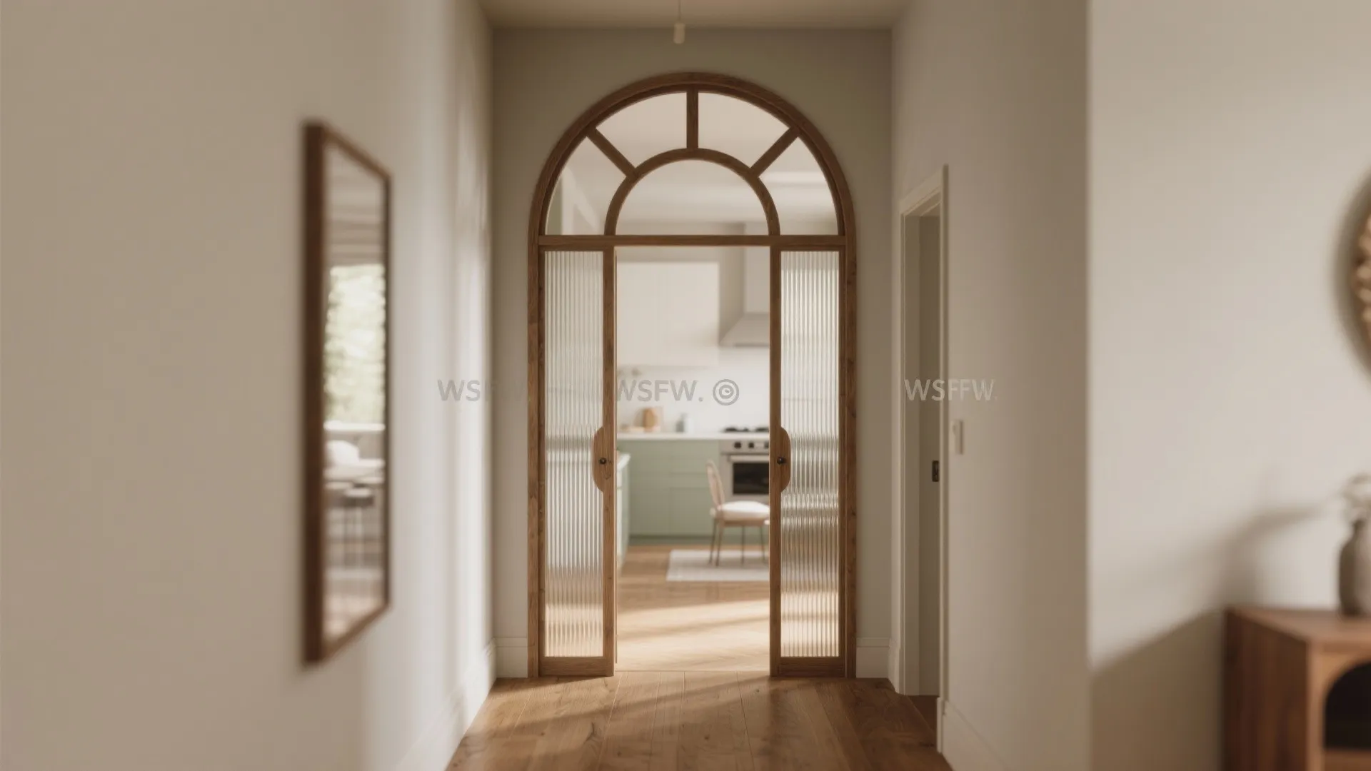 Interior view of an arched wood door with glass panels leading into a bright kitchen