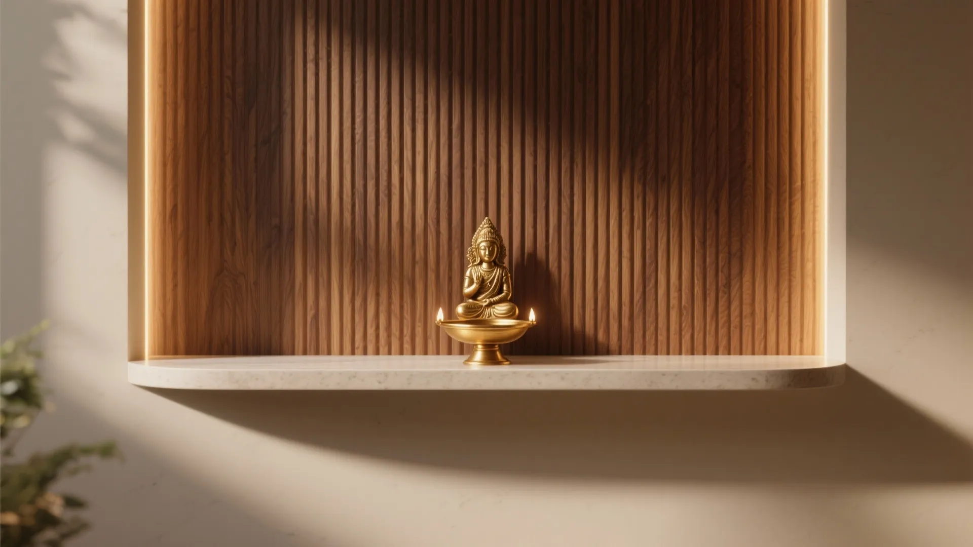 Small golden statue placed on a white marble shelf with a fluted wood wall panel