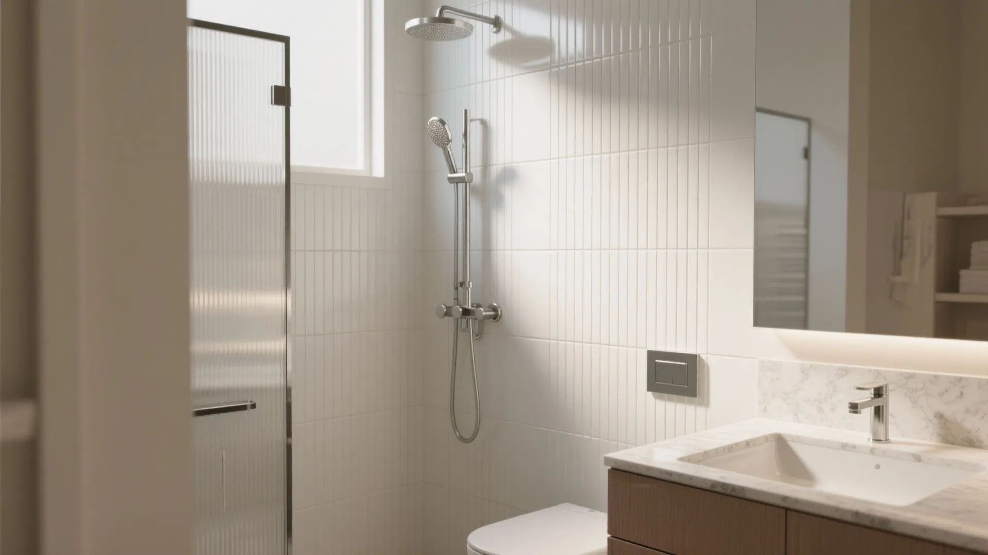 Minimalist bathroom featuring white vertical wall tiles shower head sink and clean marble vanity top