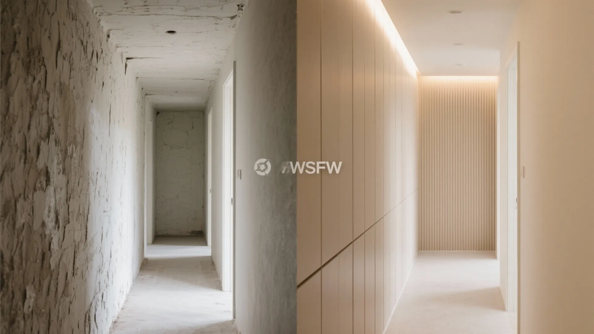 Before and after comparison of a messy hallway versus a finished corridor with cream panels