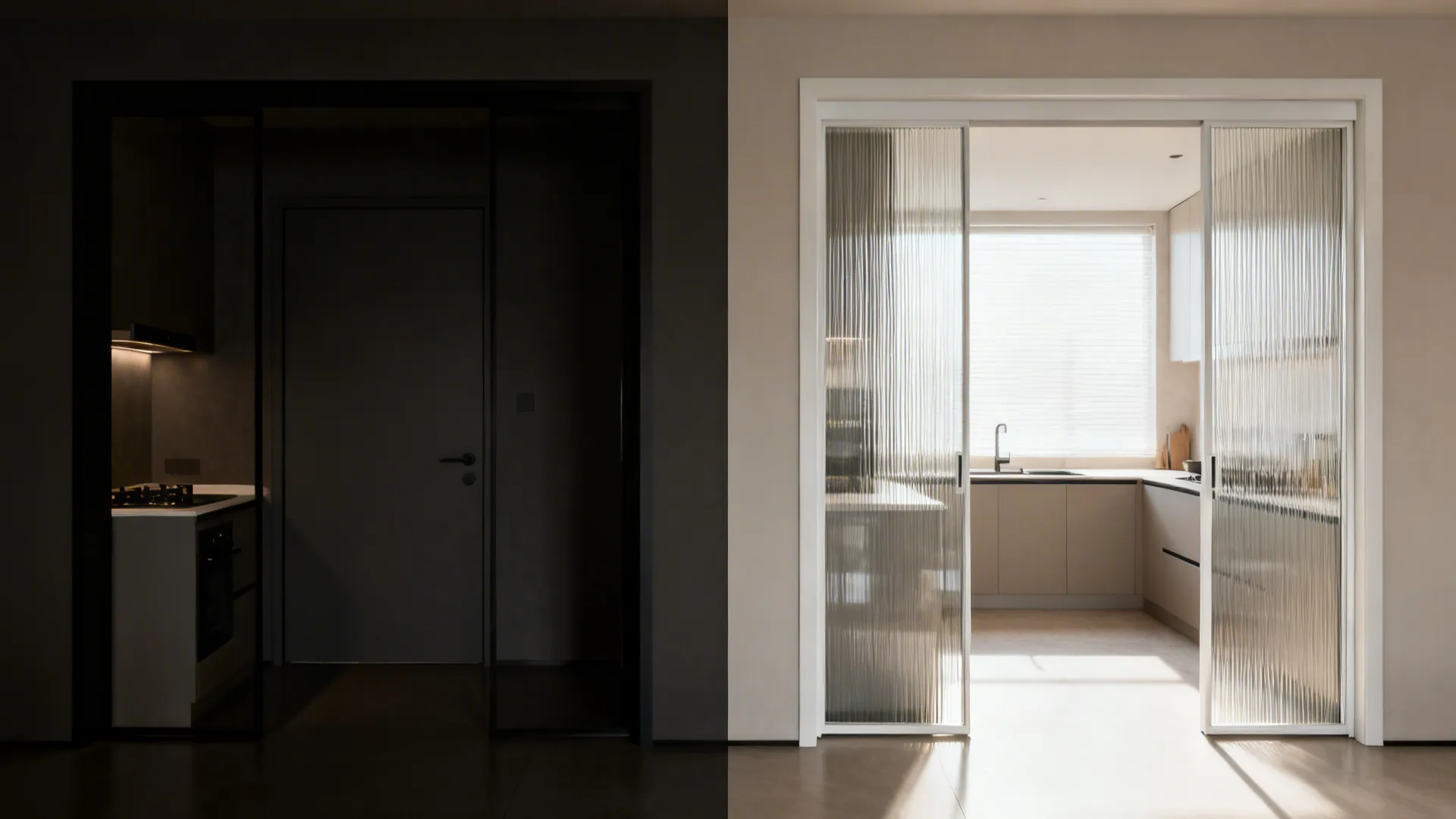 Before and after showing a dark entry transformed by a PVC door with fluted glass.