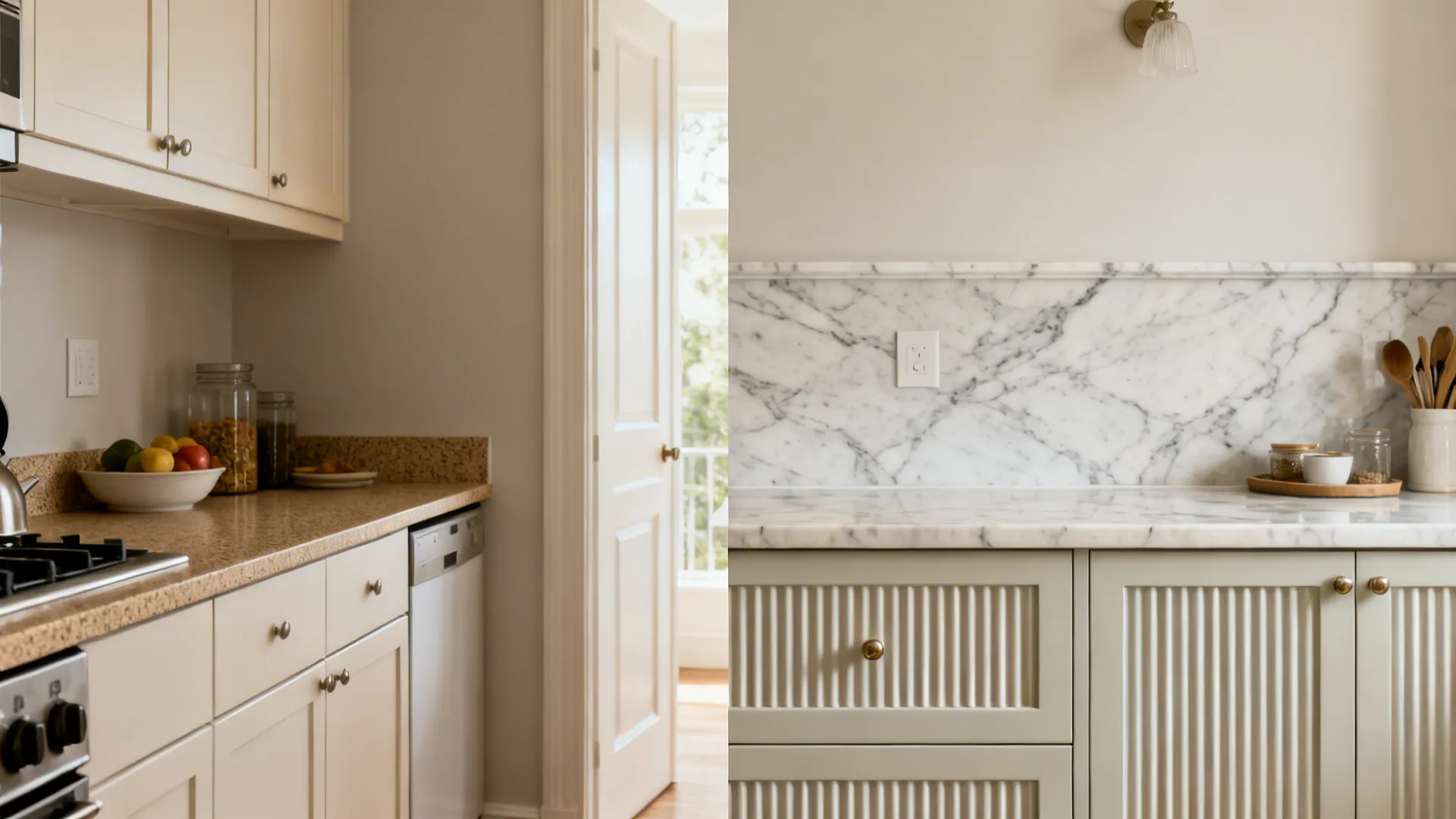 Small kitchen comparison showing upgrade to marble-look quartz and fluted fronts.